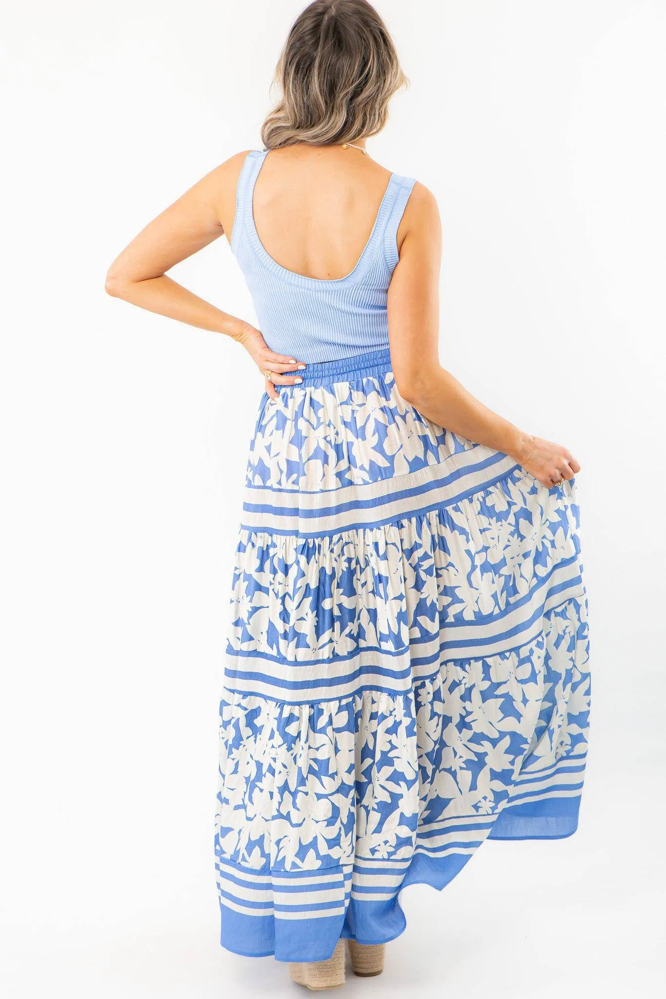 Bright Blue Floral Print Tiered Maxi Skirt