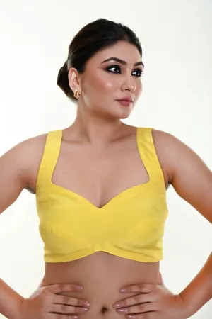 Bright Yellow Sleeveless Blouse in Crepe Silk with Strappy Back Hook Closure