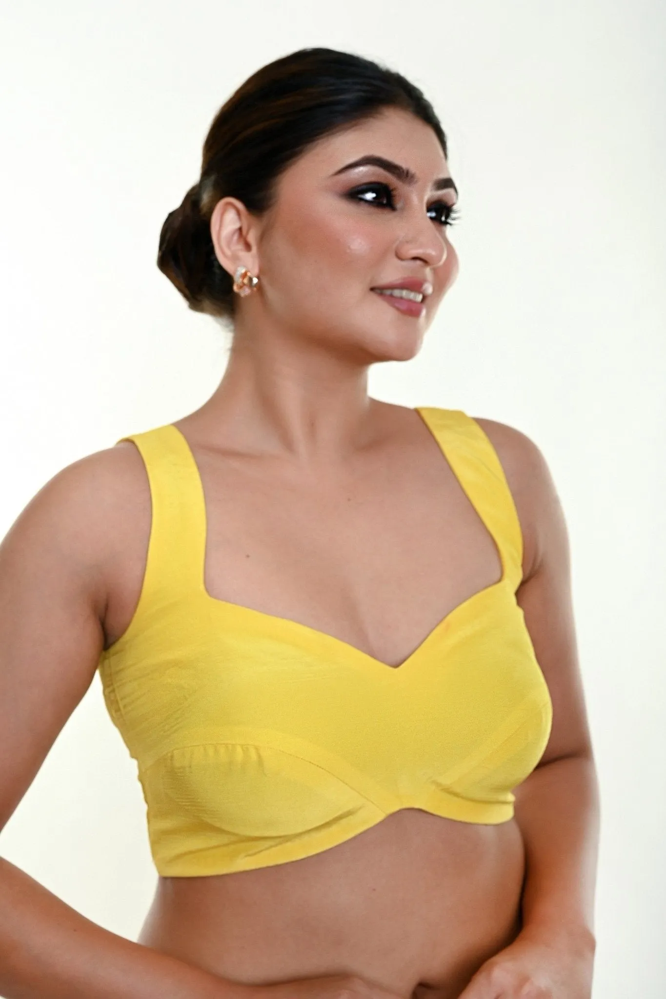 Bright Yellow Sleeveless Blouse in Crepe Silk with Strappy Back Hook Closure