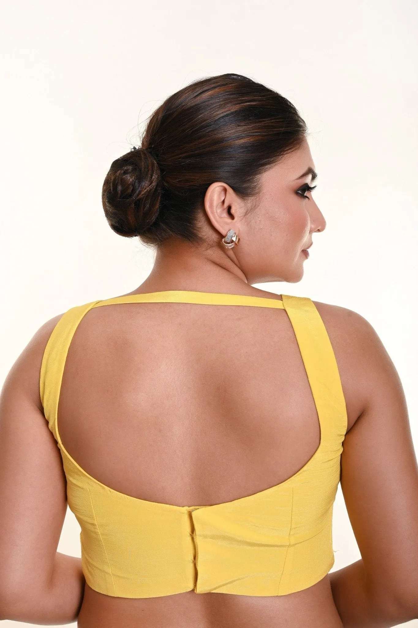 Bright Yellow Sleeveless Blouse in Crepe Silk with Strappy Back Hook Closure