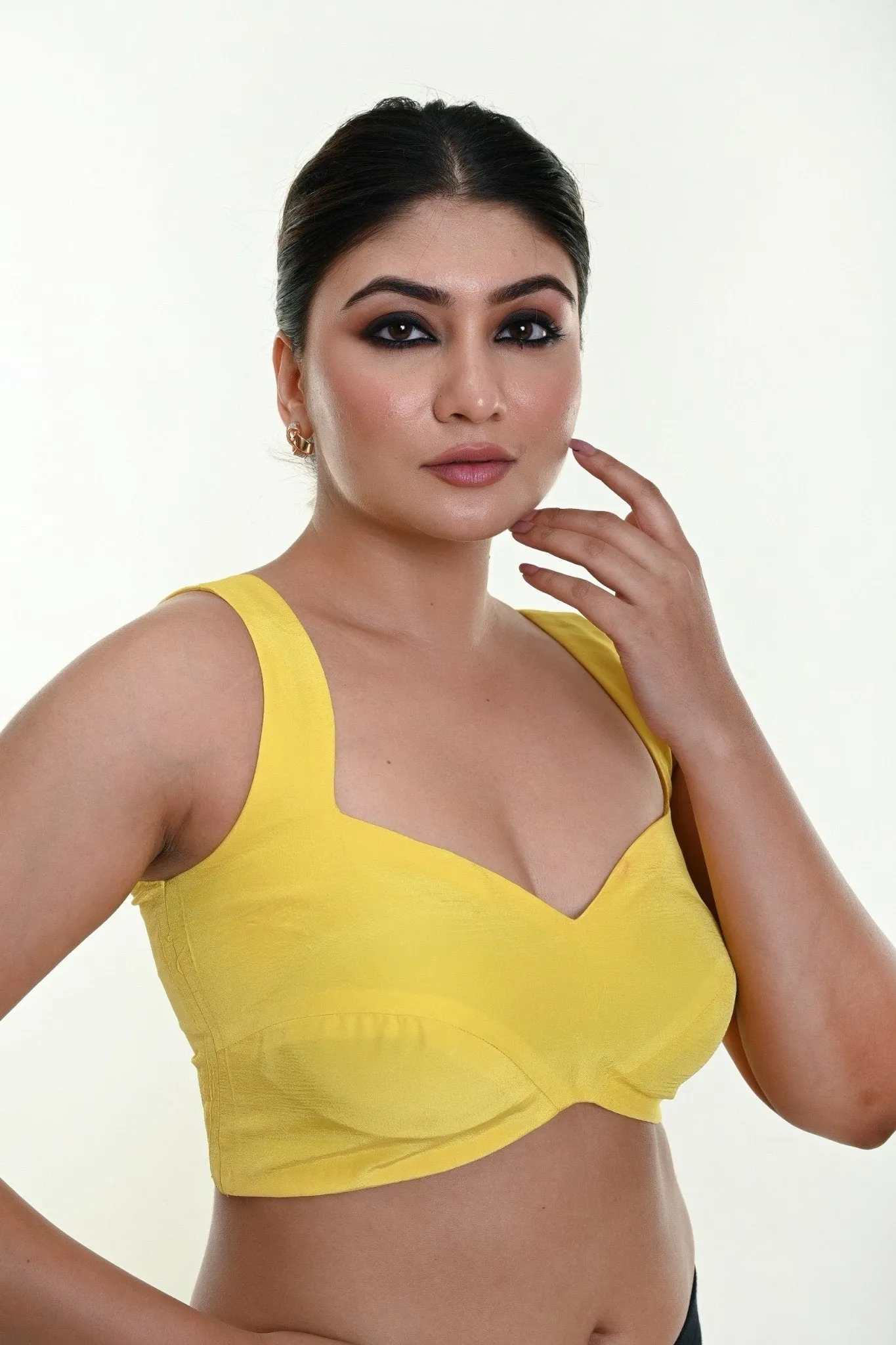 Bright Yellow Sleeveless Blouse in Crepe Silk with Strappy Back Hook Closure