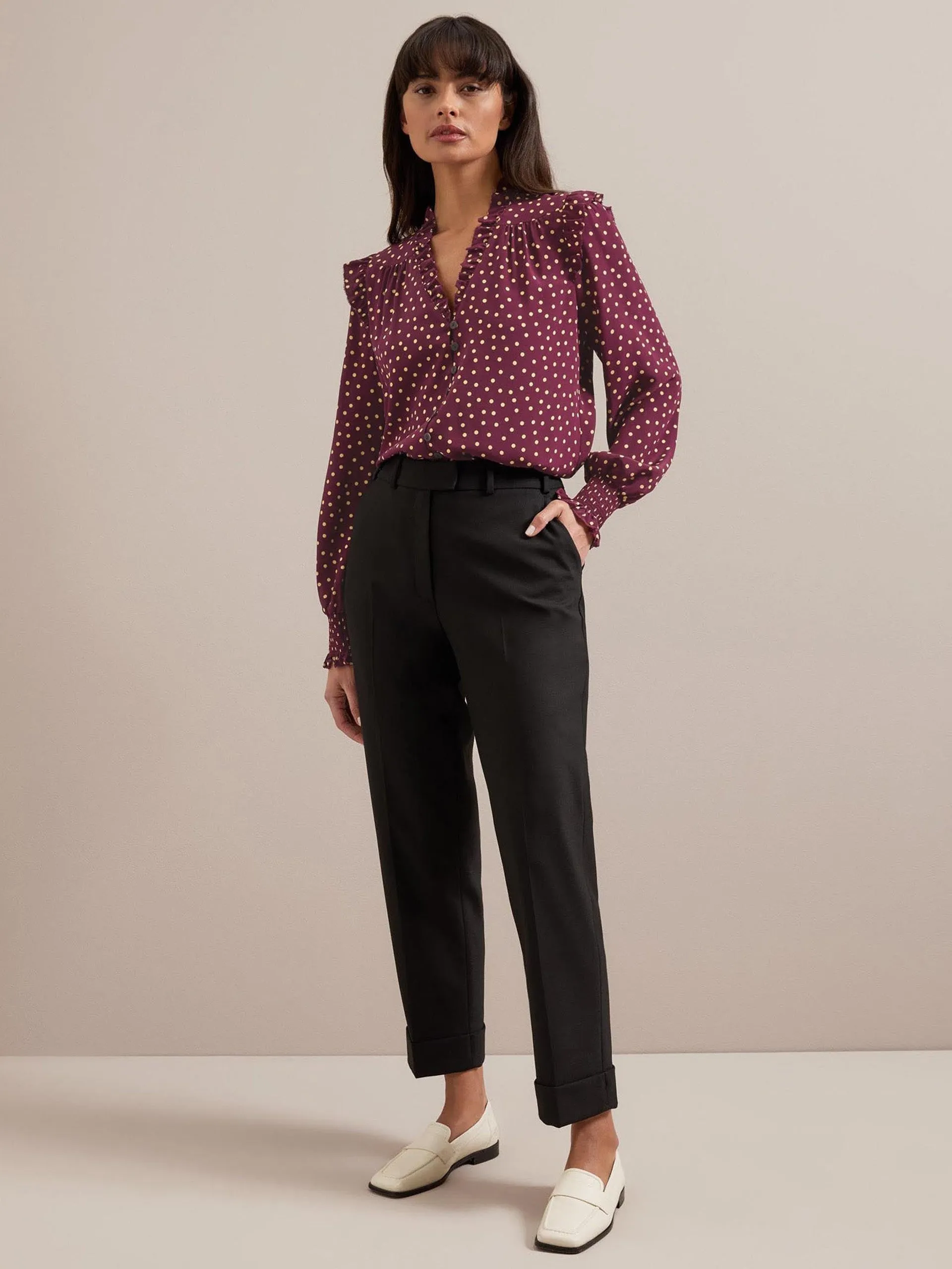 Burgundy gold polka dot print Stella silk shirt