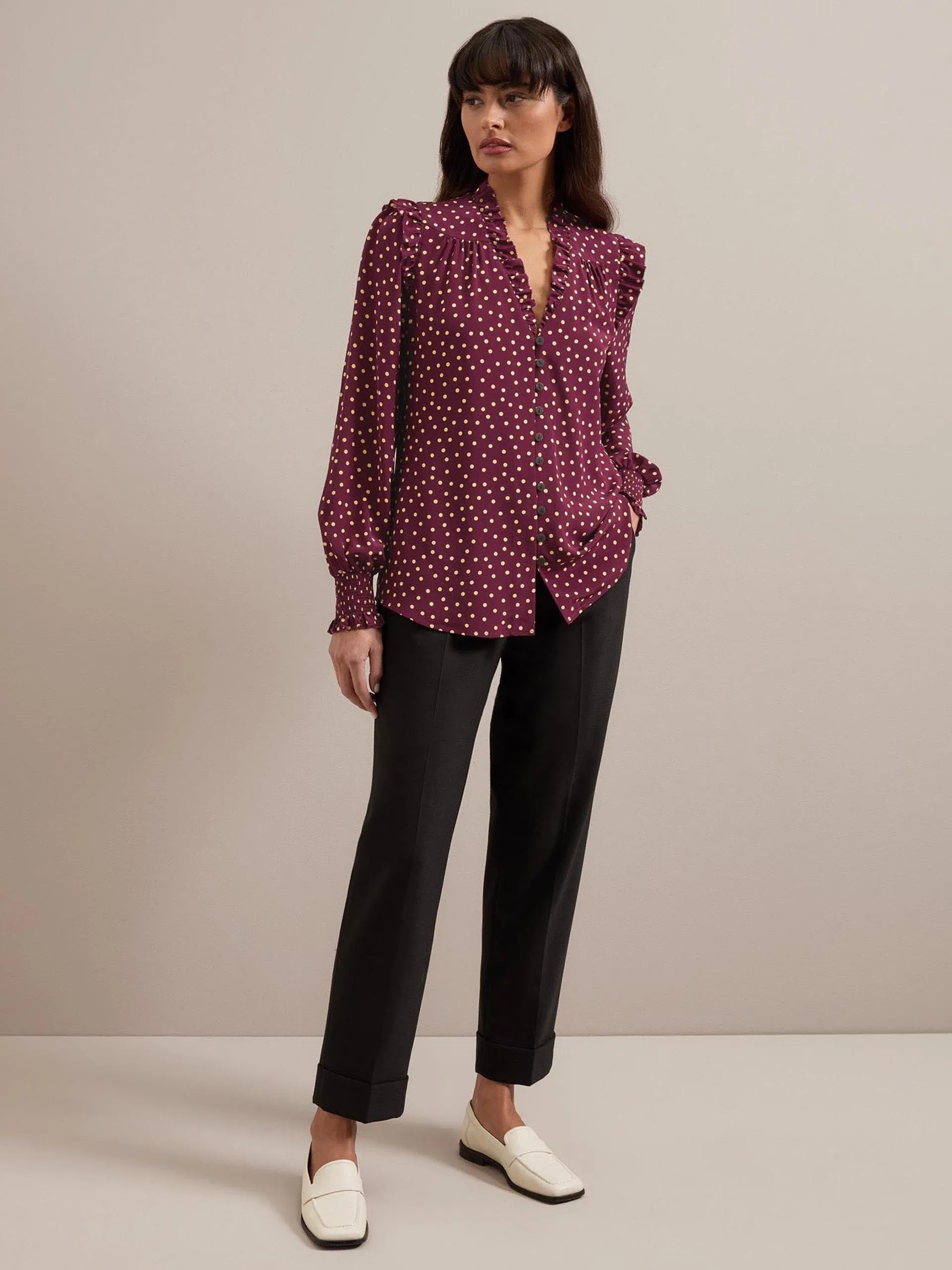 Burgundy gold polka dot print Stella silk shirt