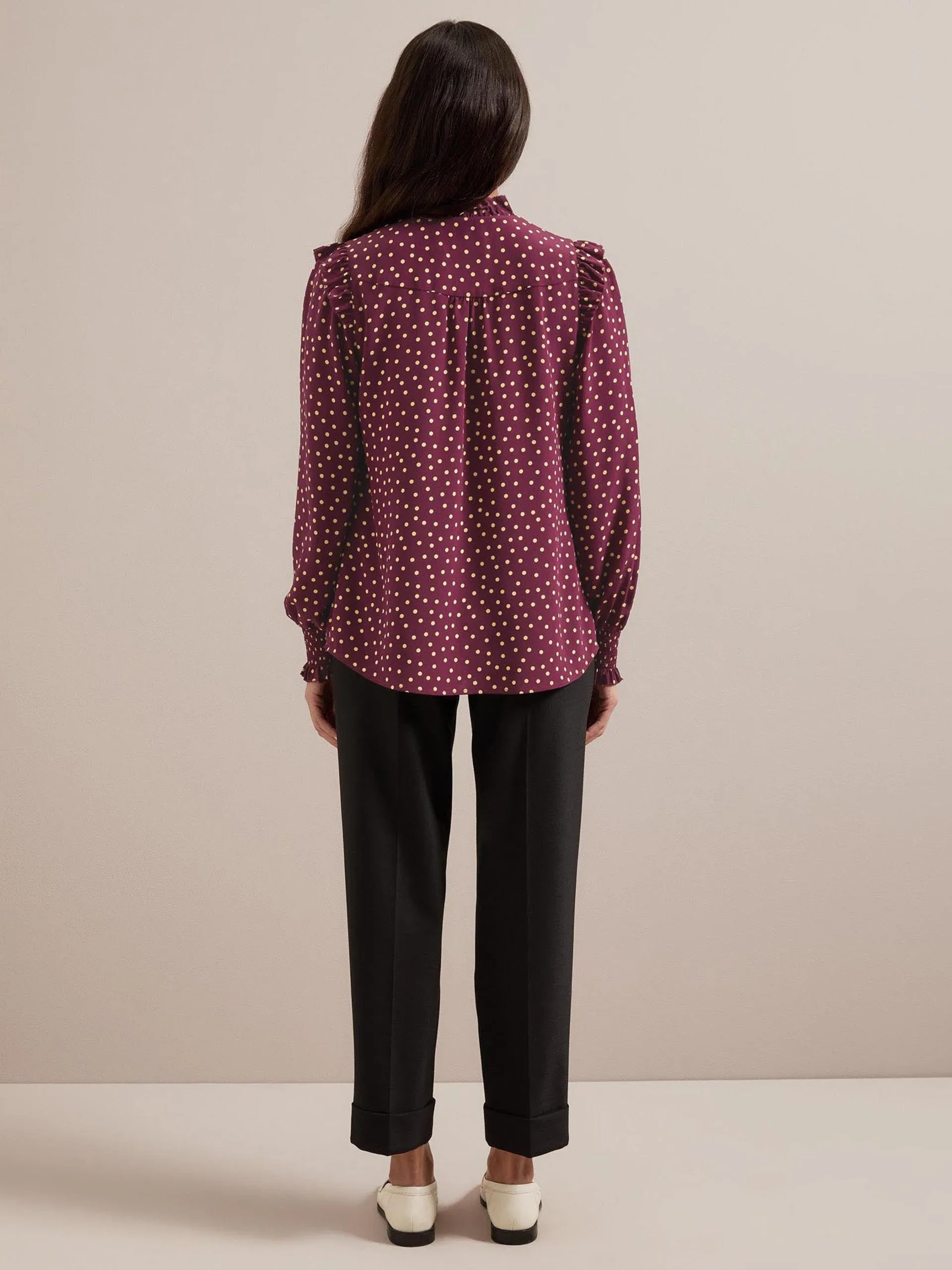 Burgundy gold polka dot print Stella silk shirt