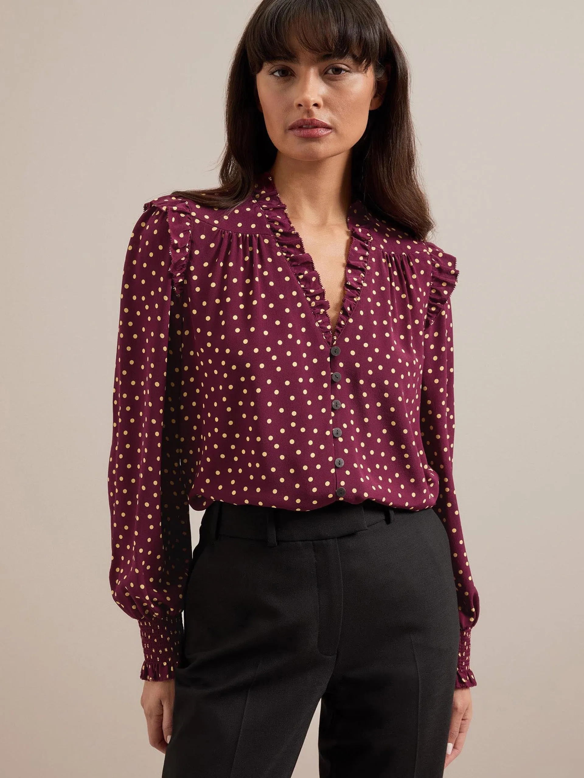Burgundy gold polka dot print Stella silk shirt