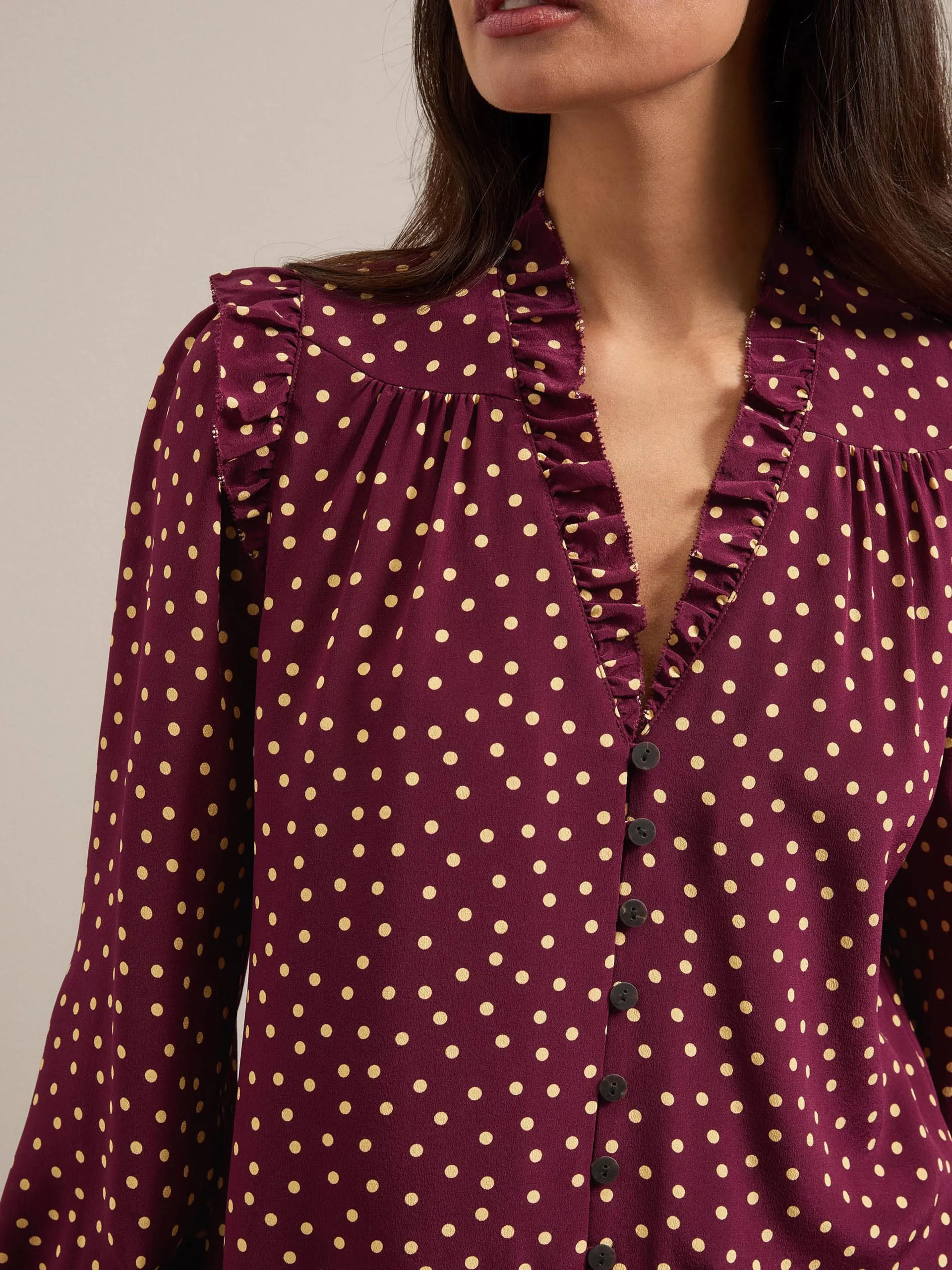 Burgundy gold polka dot print Stella silk shirt