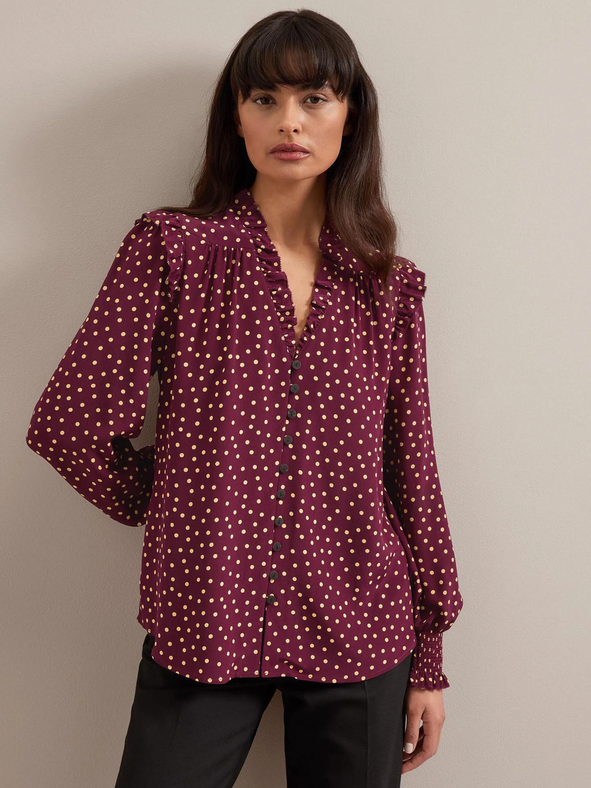 Burgundy gold polka dot print Stella silk shirt