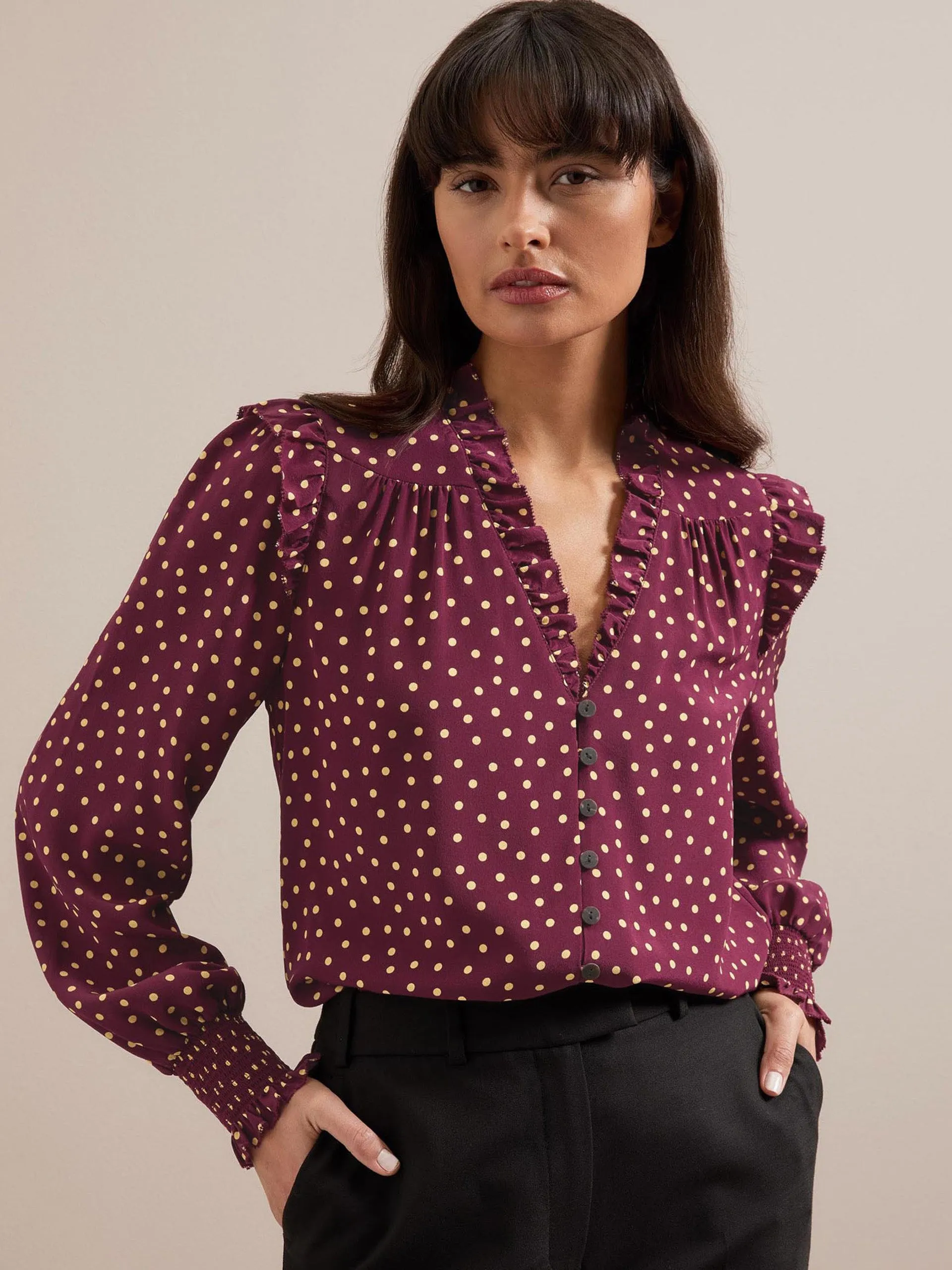 Burgundy gold polka dot print Stella silk shirt
