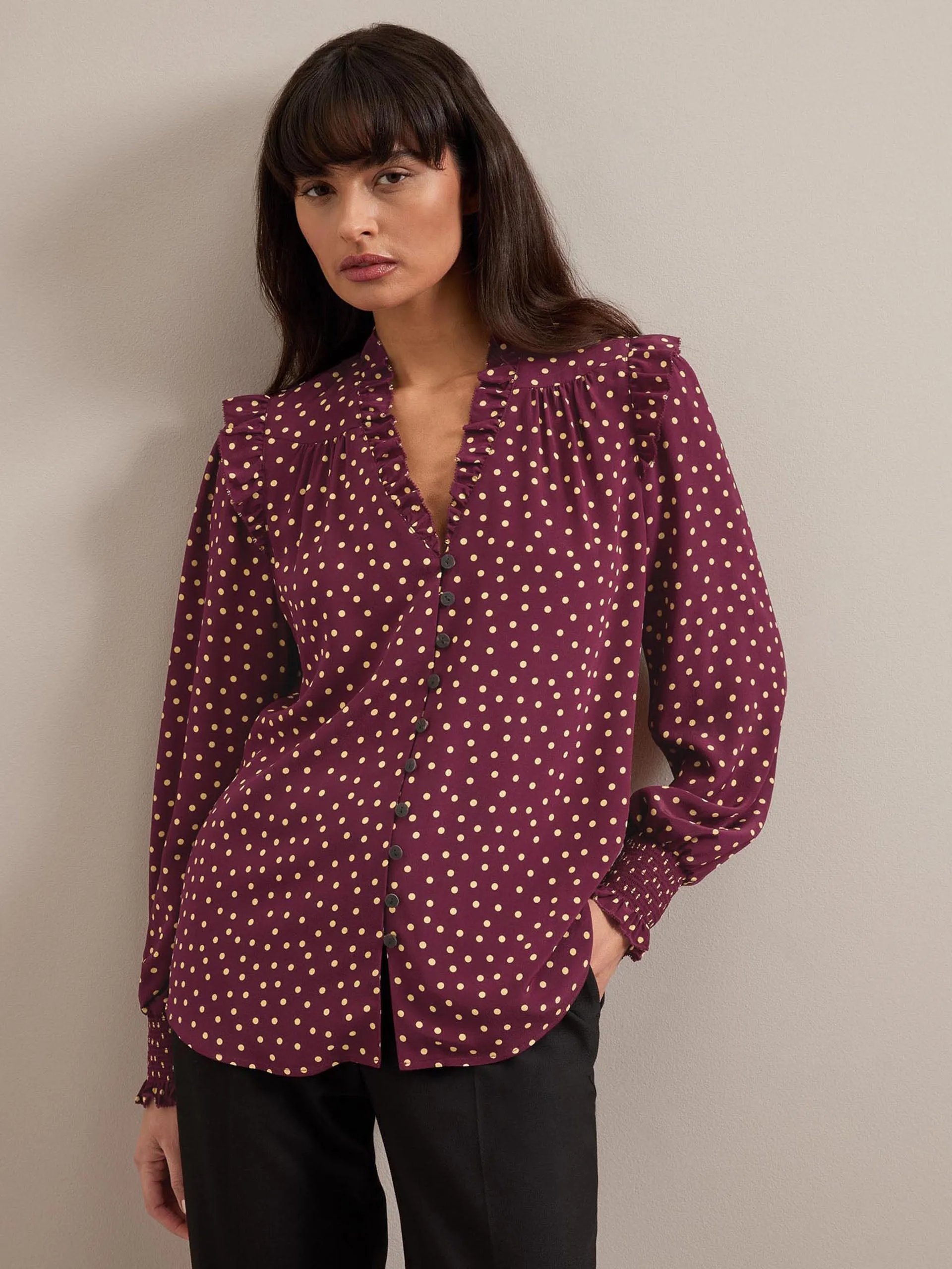 Burgundy gold polka dot print Stella silk shirt