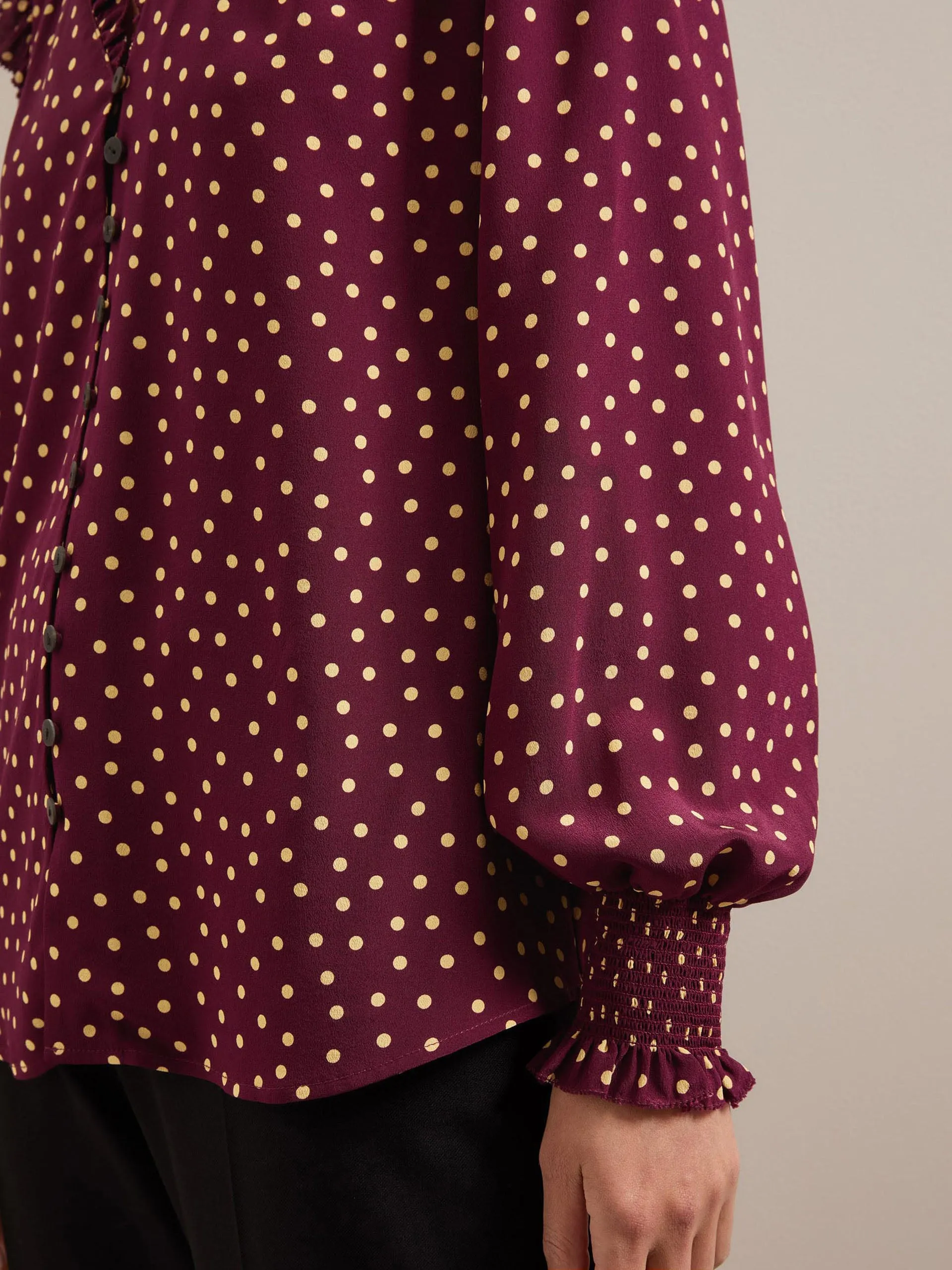 Burgundy gold polka dot print Stella silk shirt