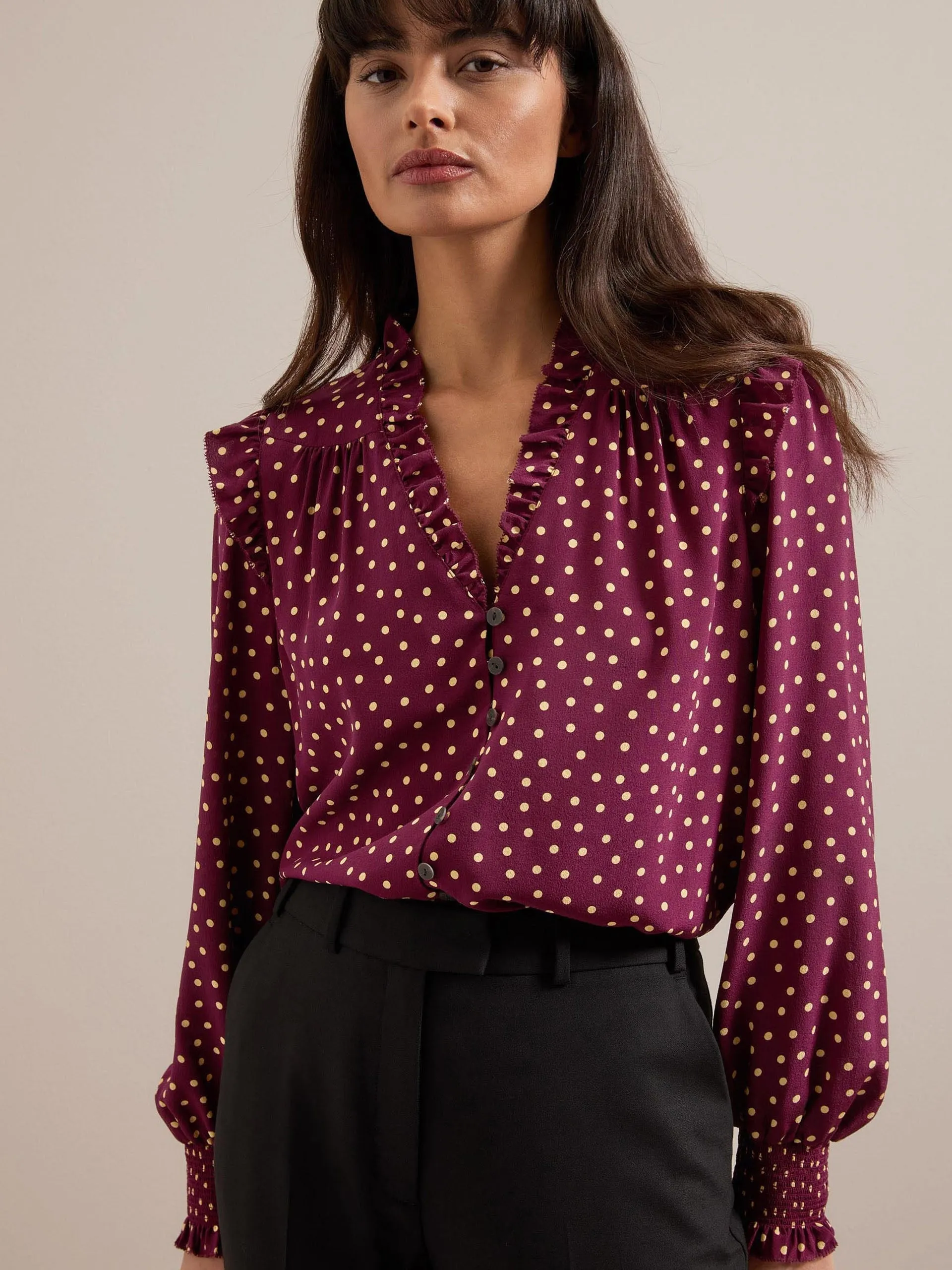 Burgundy gold polka dot print Stella silk shirt