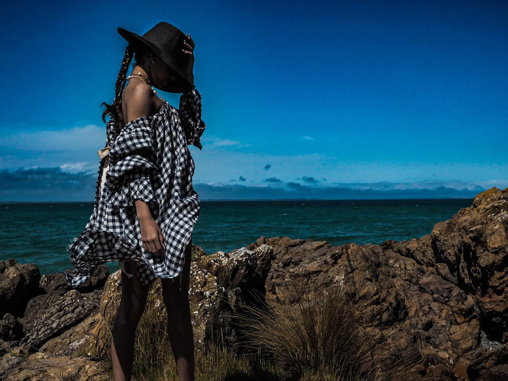 Button Back Blouse (Linen) - Blue/White Gingham Check