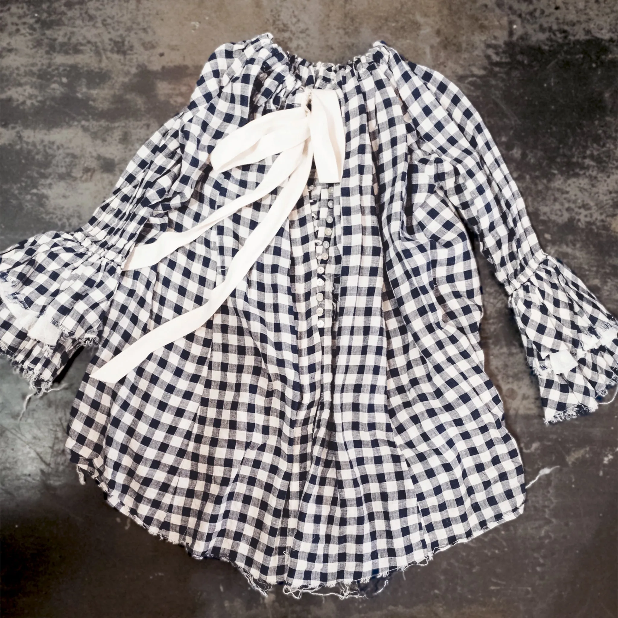 Button Back Blouse (Linen) - Blue/White Gingham Check