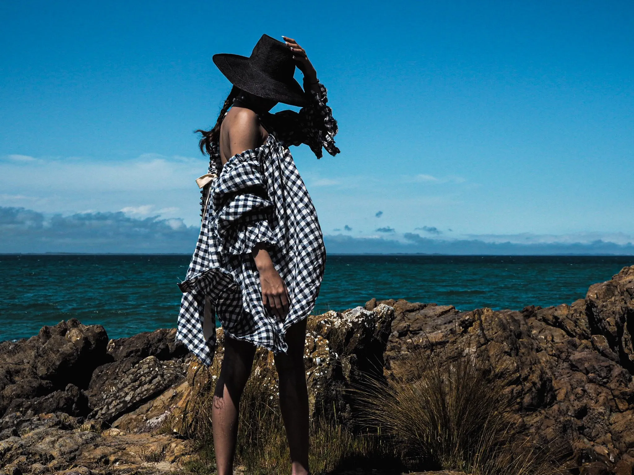 Button Back Blouse (Linen) - Blue/White Gingham Check
