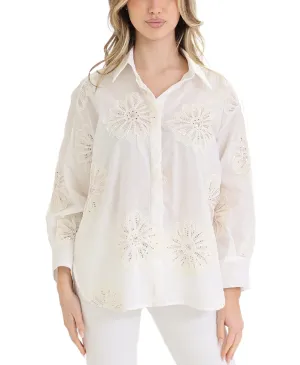 Button Front Top w/ Embroidered Flowers