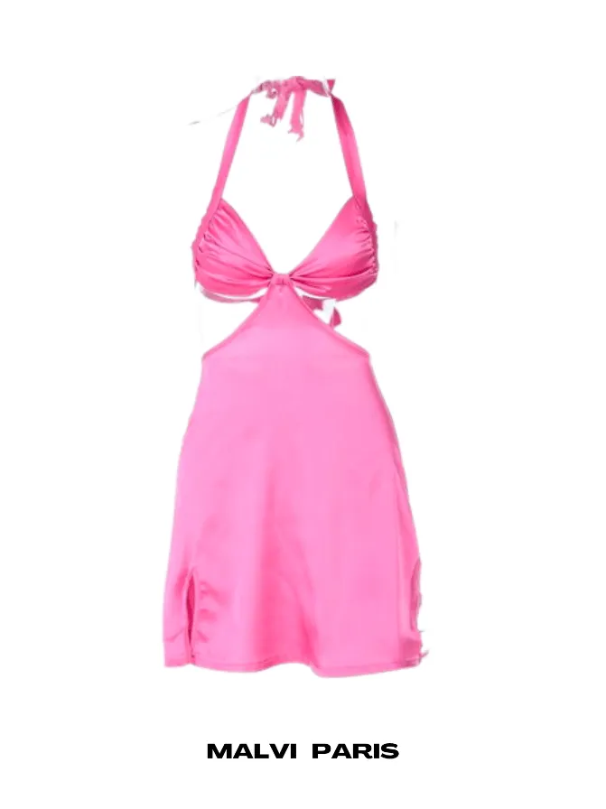 CAPRI HALTER NECK CUT OUT  BANDAGE MINI DRESS - Hot Pink