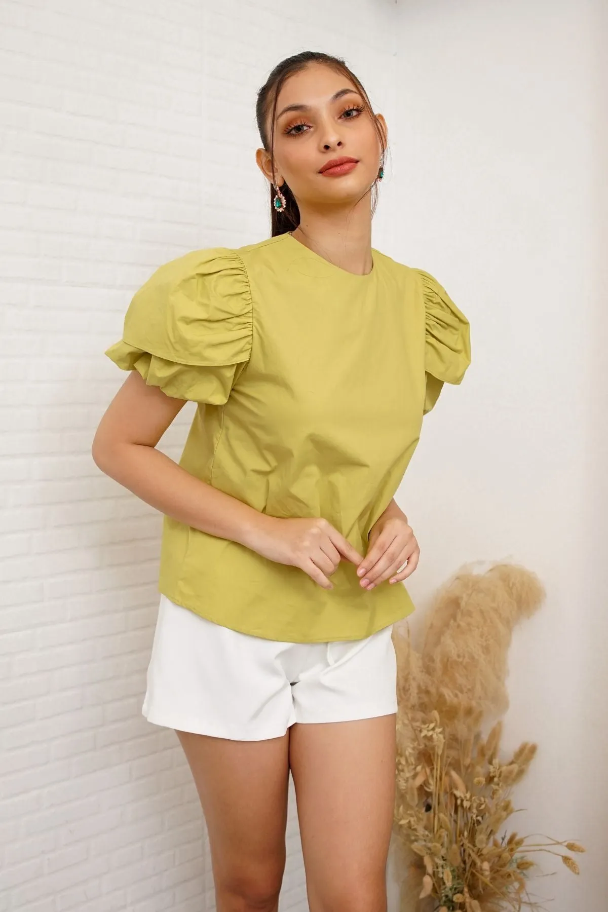 CATALEYA Poplin Puff-Sleeve Top (Kiwi Green)