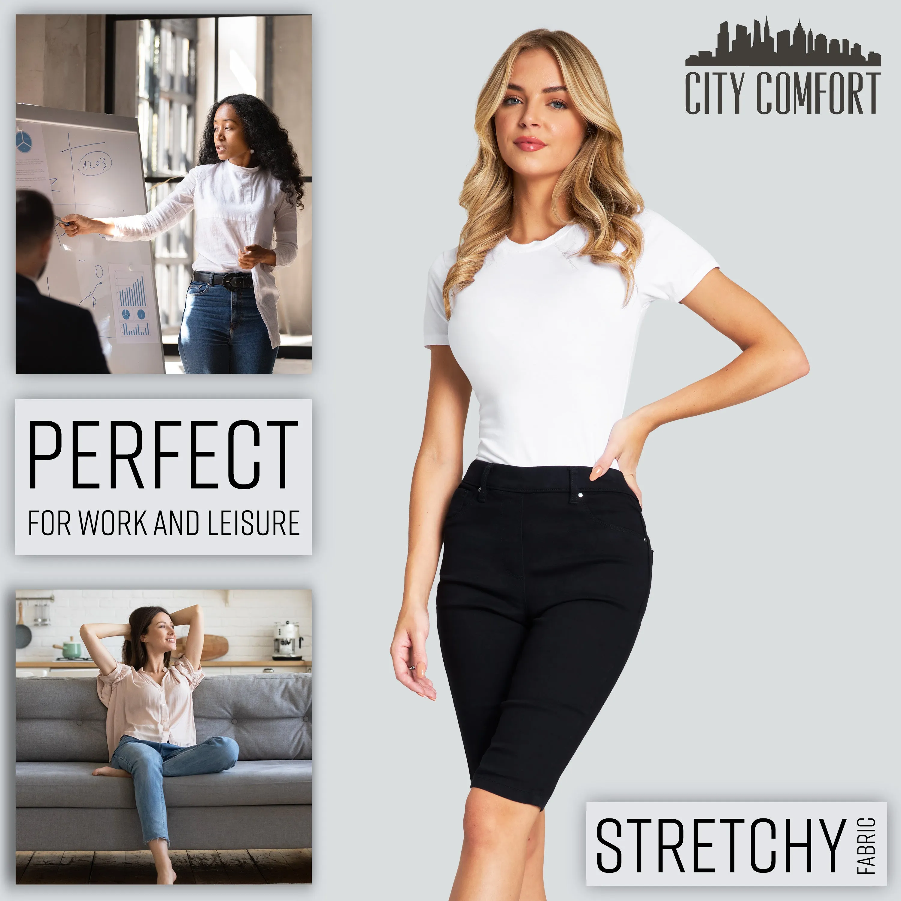 CityComfort Shorts - Jegging Denim Shorts for Women Knee Length
