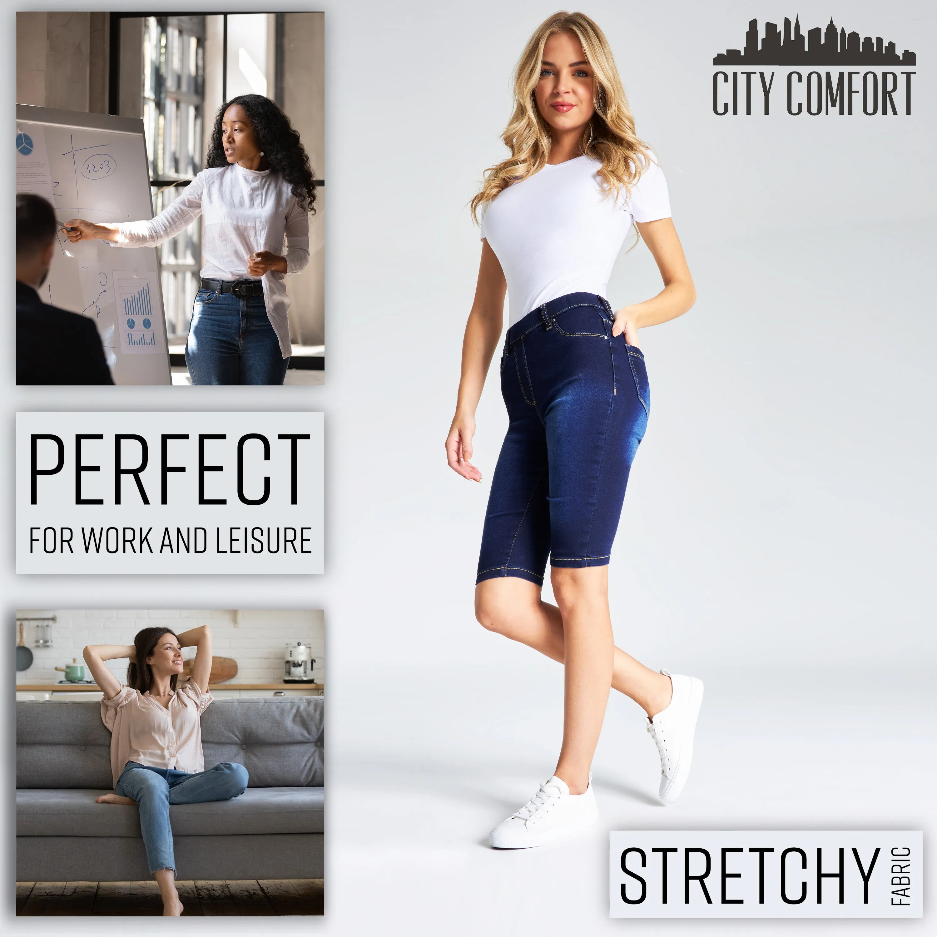 CityComfort Shorts - Jegging Denim Shorts for Women Knee Length