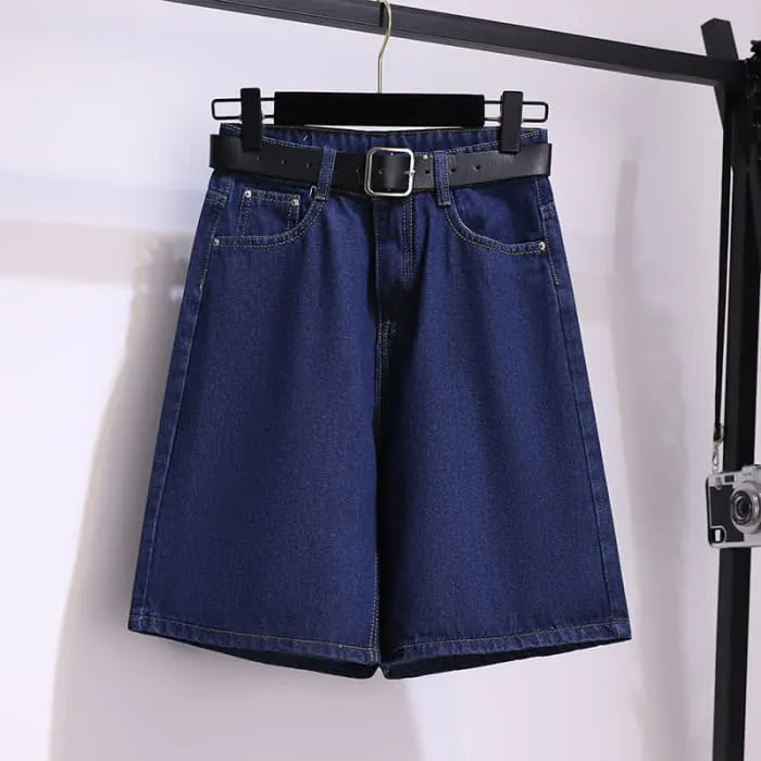 Colorblock Lapel T-Shirt Belted Denim Shorts