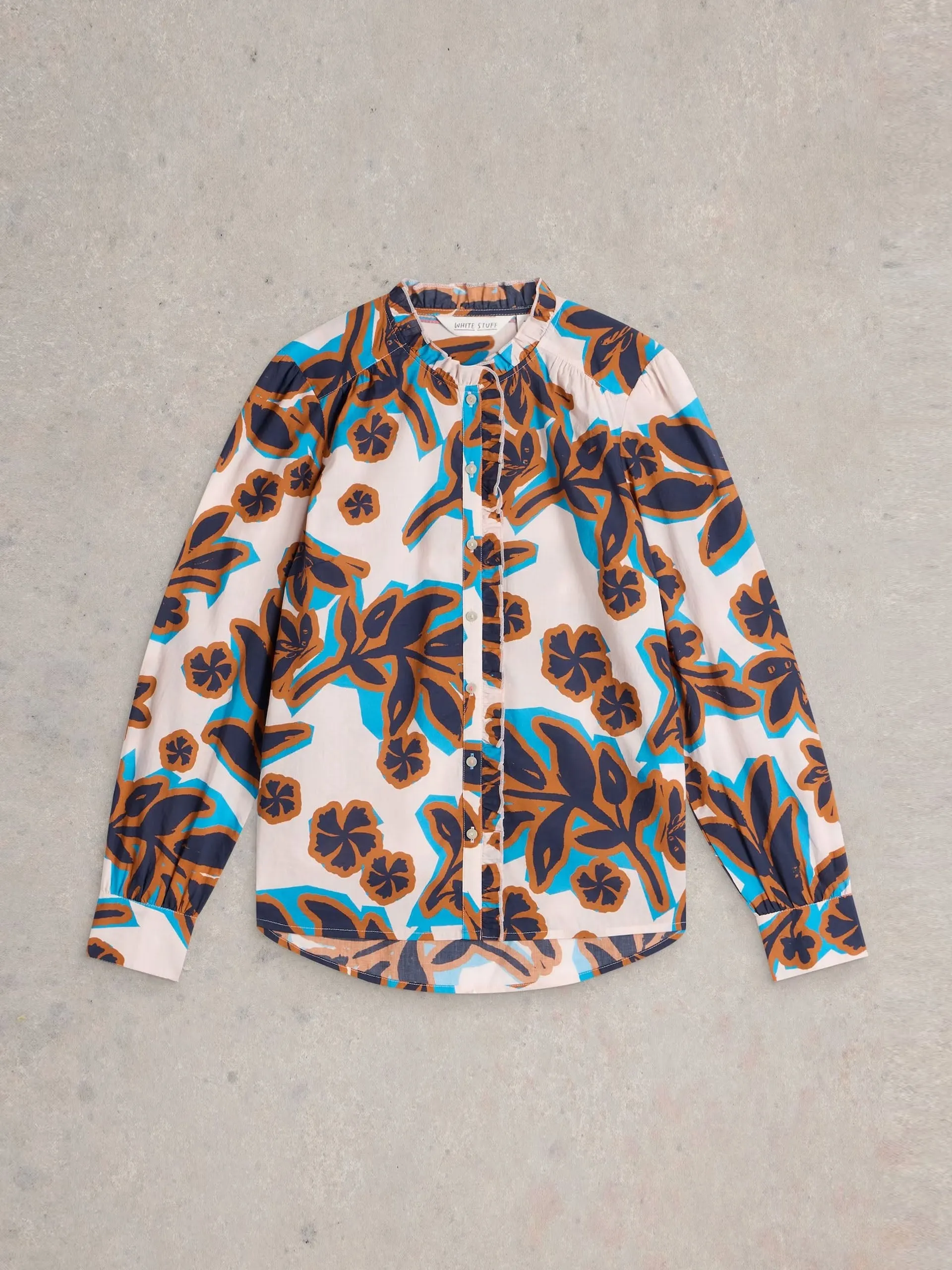 Cotton rich printed frill detail shirt