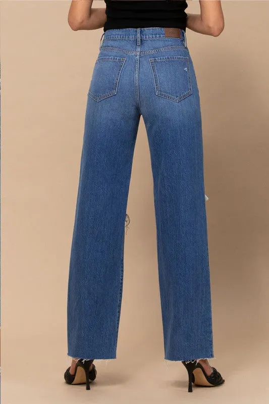Dark Wash Knee Cut Raw Hem Dad Jean