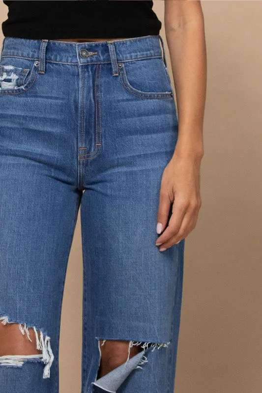 Dark Wash Knee Cut Raw Hem Dad Jean