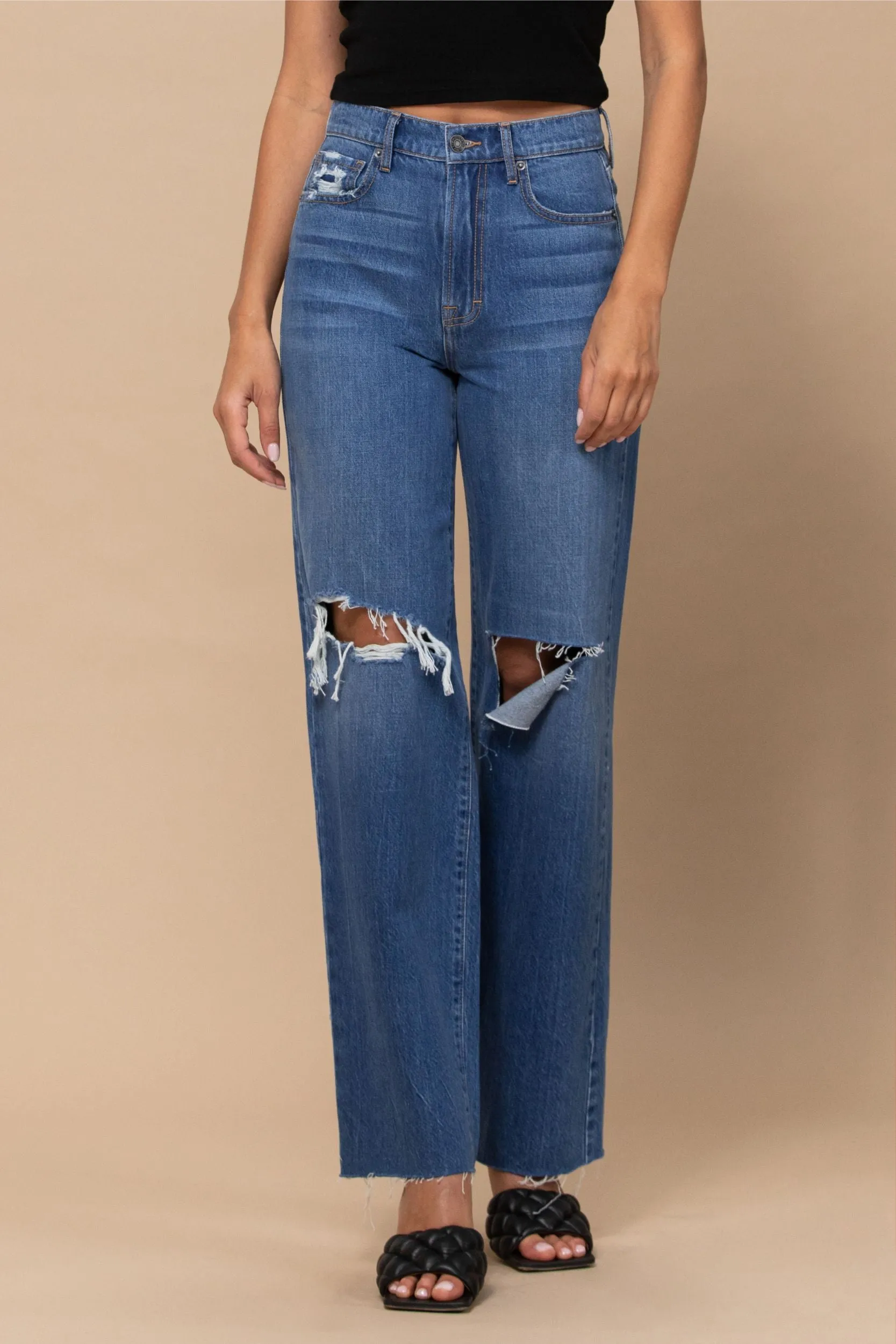 Dark Wash Knee Cut Raw Hem Dad Jean
