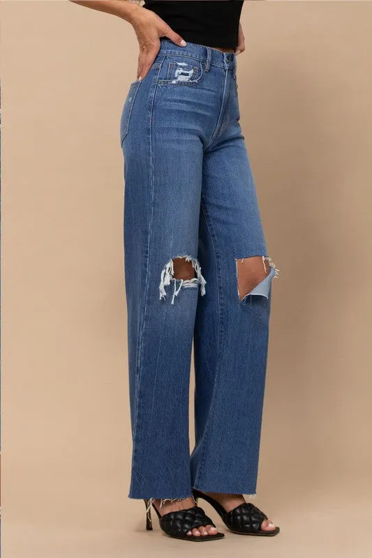 Dark Wash Knee Cut Raw Hem Dad Jean