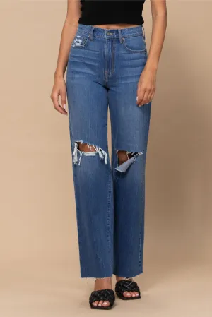 Dark Wash Knee Cut Raw Hem Dad Jean