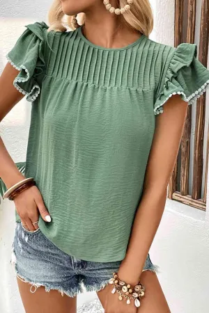 Delightful Crew Neck Flutter Sleeve Blouse