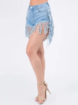 DENIM SUPER FRINGE SHORTS