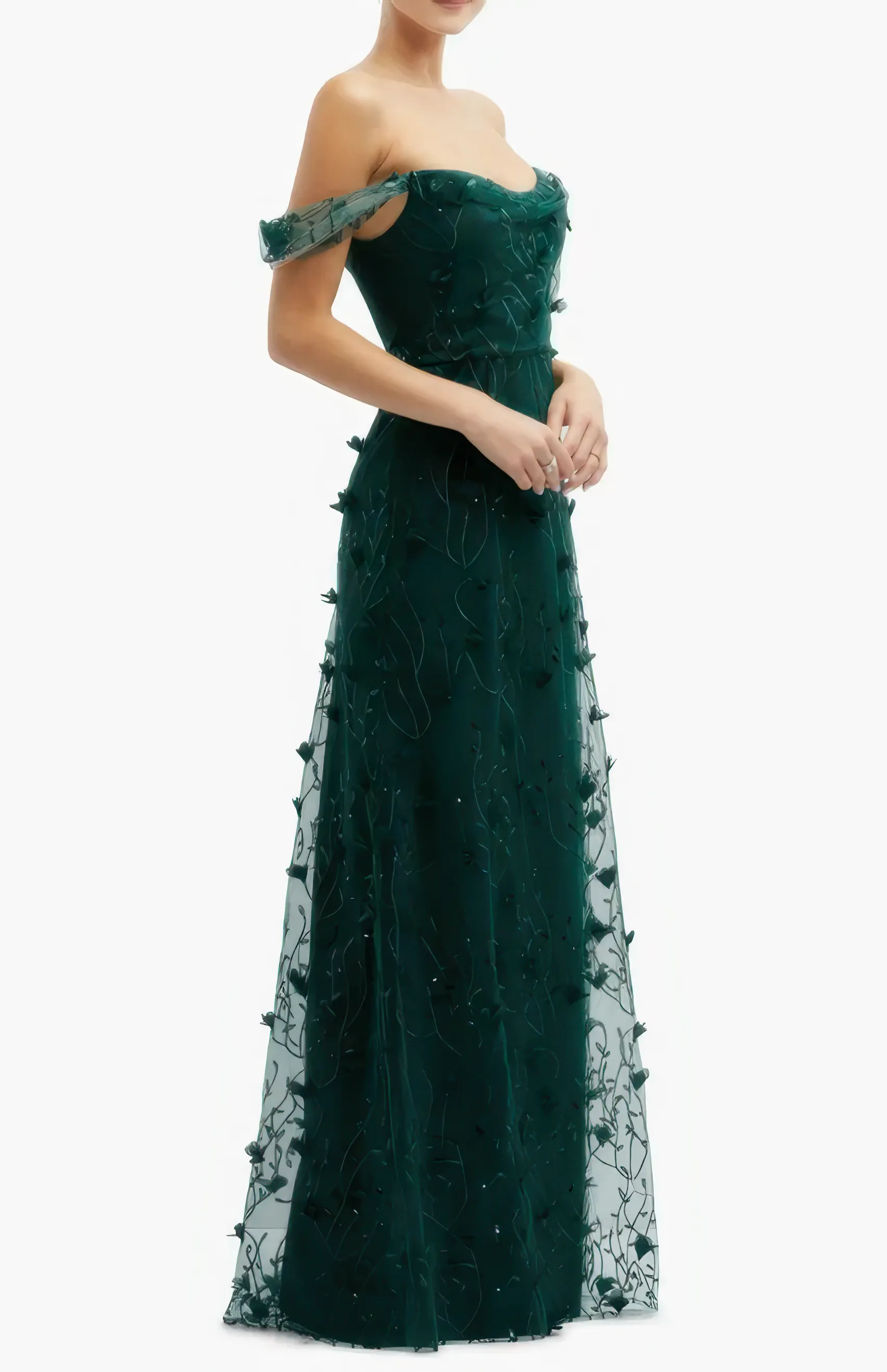 Dessy Collection Women's Off-the-Shoulder A-line Embroidered Dress Evergreen Size 6