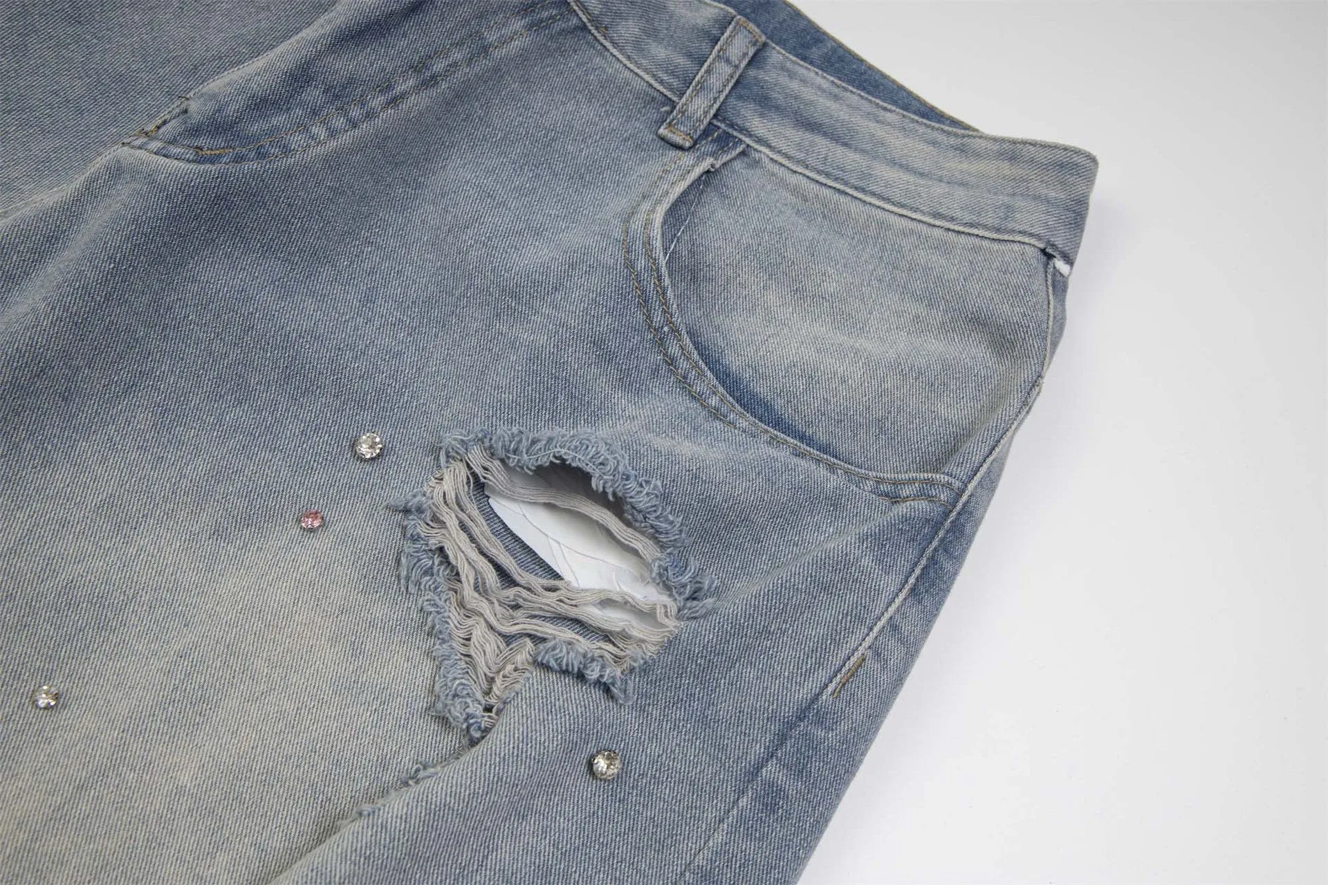 Distressed Denim Shorts with Gems