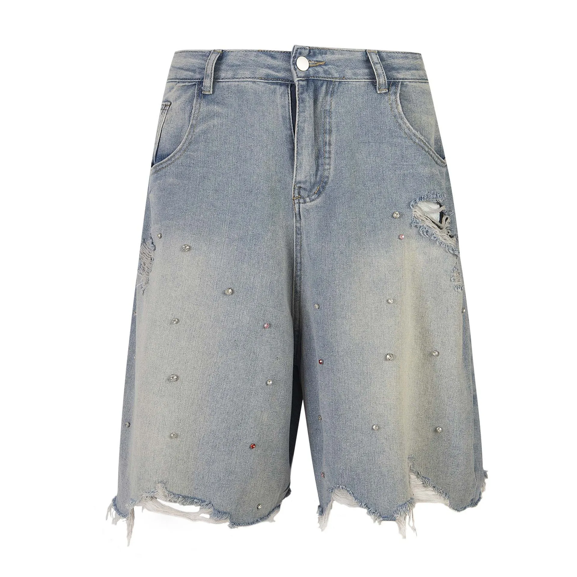 Distressed Denim Shorts with Gems