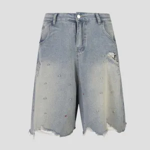 Distressed Denim Shorts with Gems