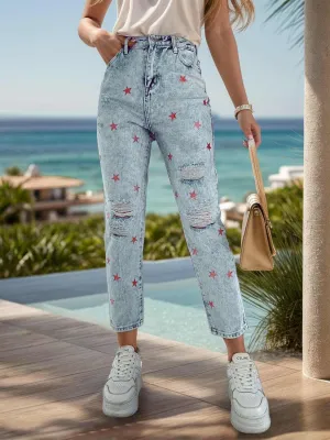 Distressed star pocket jeans