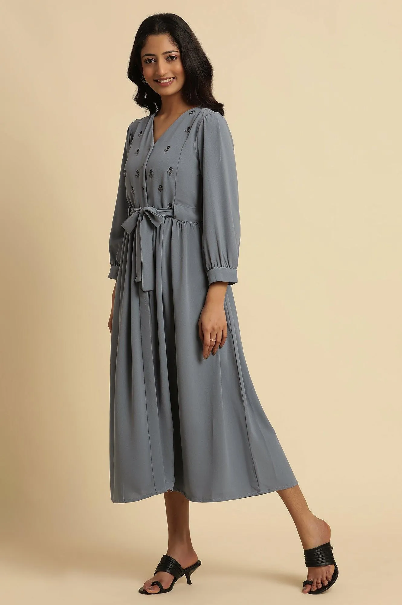 Dusk Blue Embroidered Gathered Dress