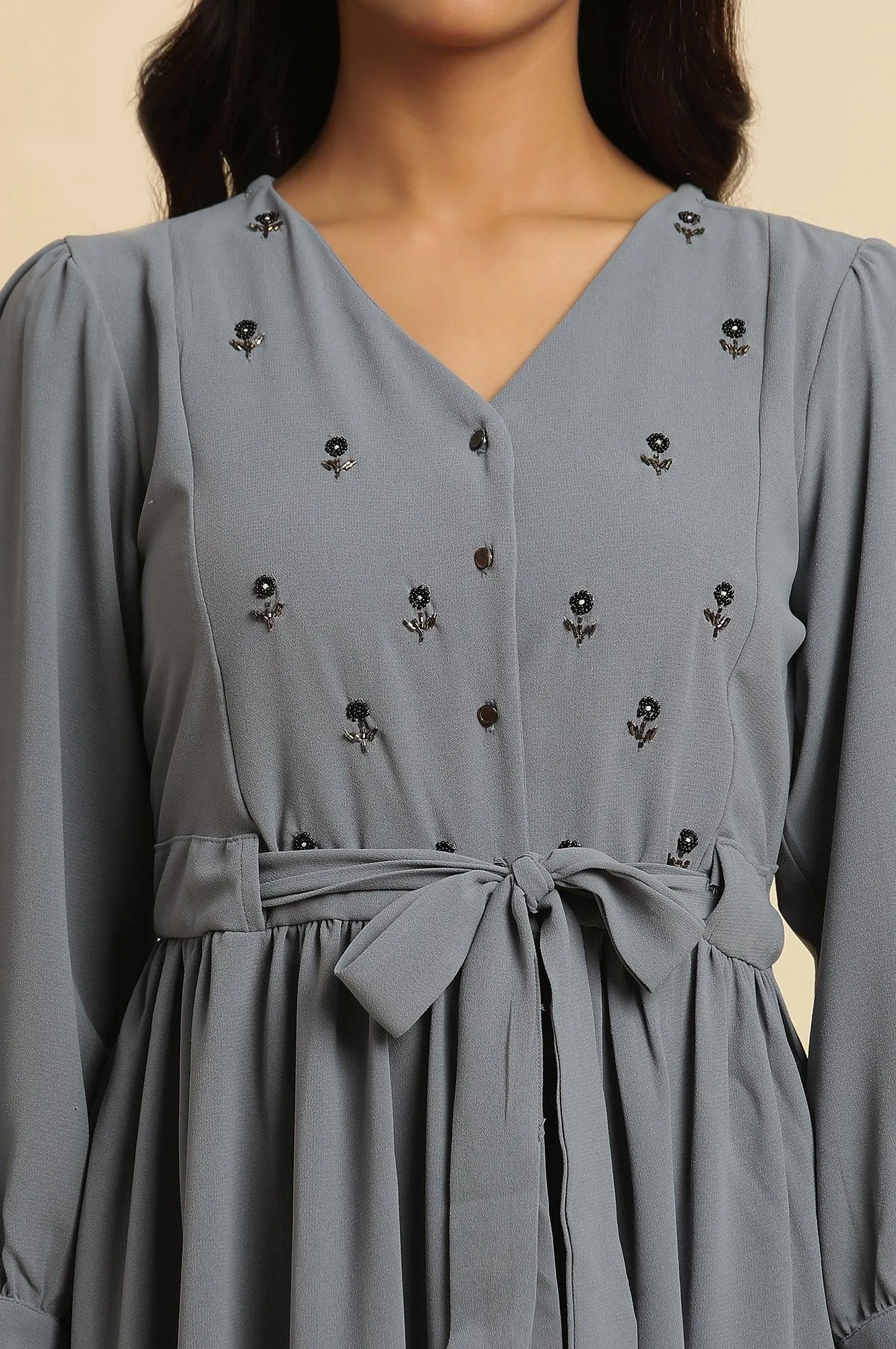 Dusk Blue Embroidered Gathered Dress