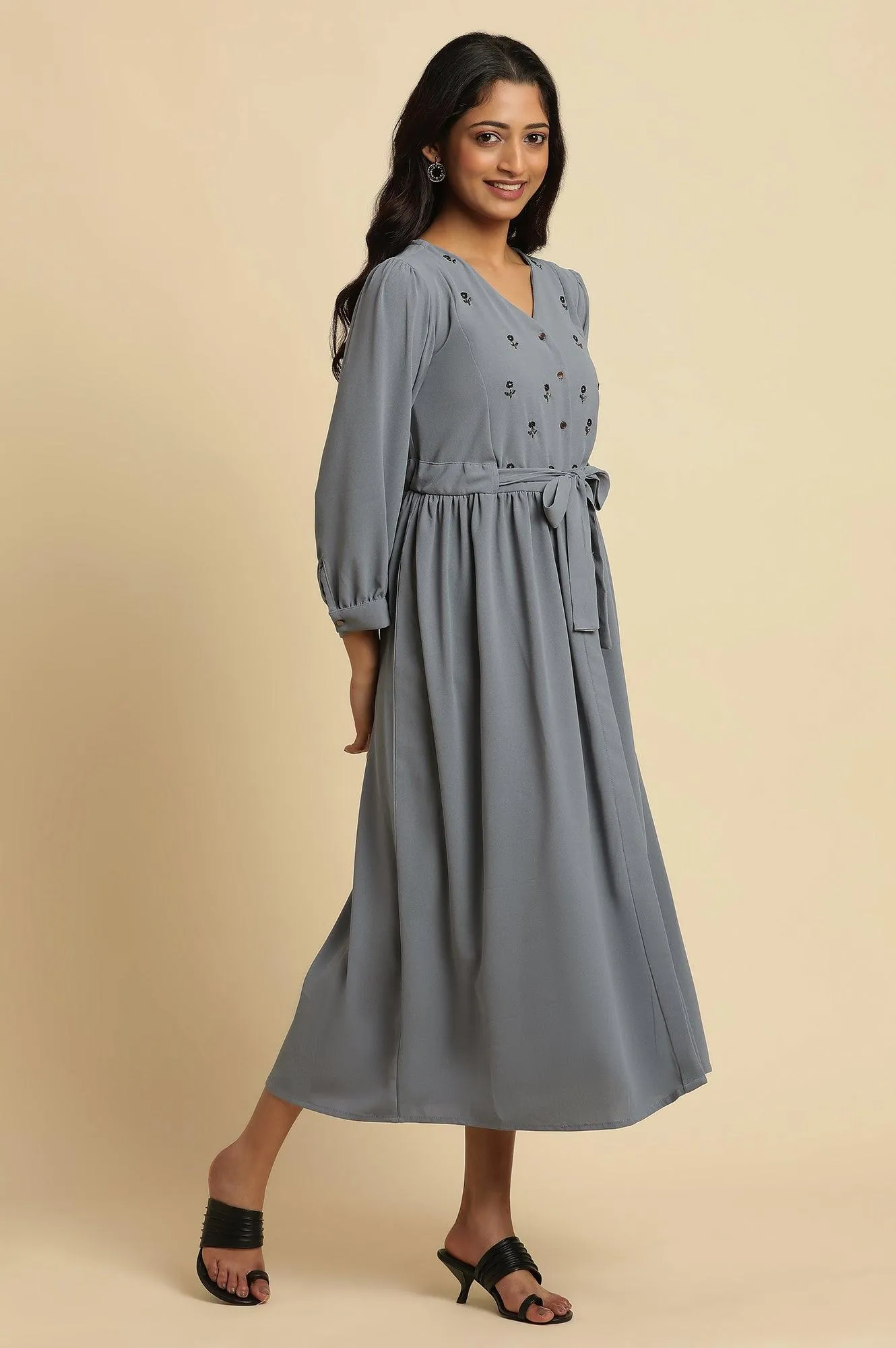 Dusk Blue Embroidered Gathered Dress