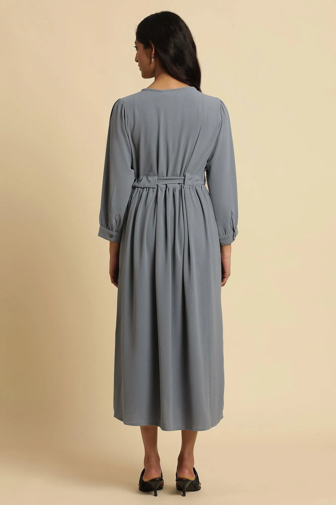 Dusk Blue Embroidered Gathered Dress