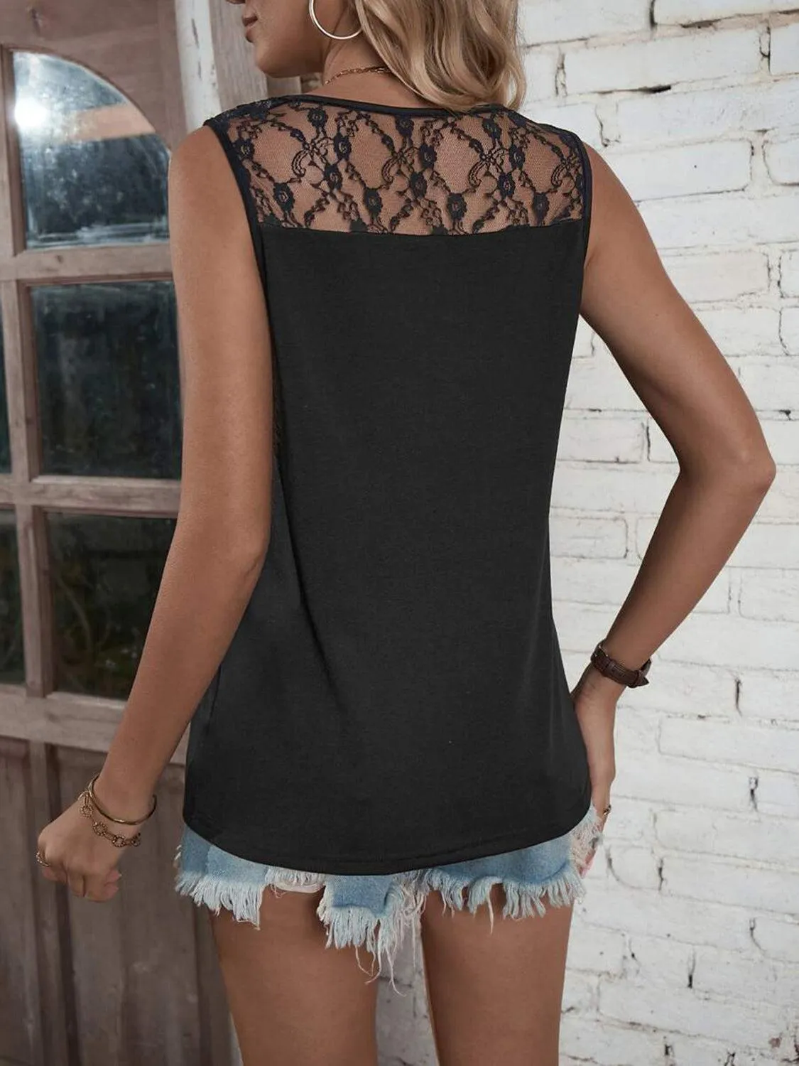 Effortless Appeal V Neck Lace Trim Tank Top