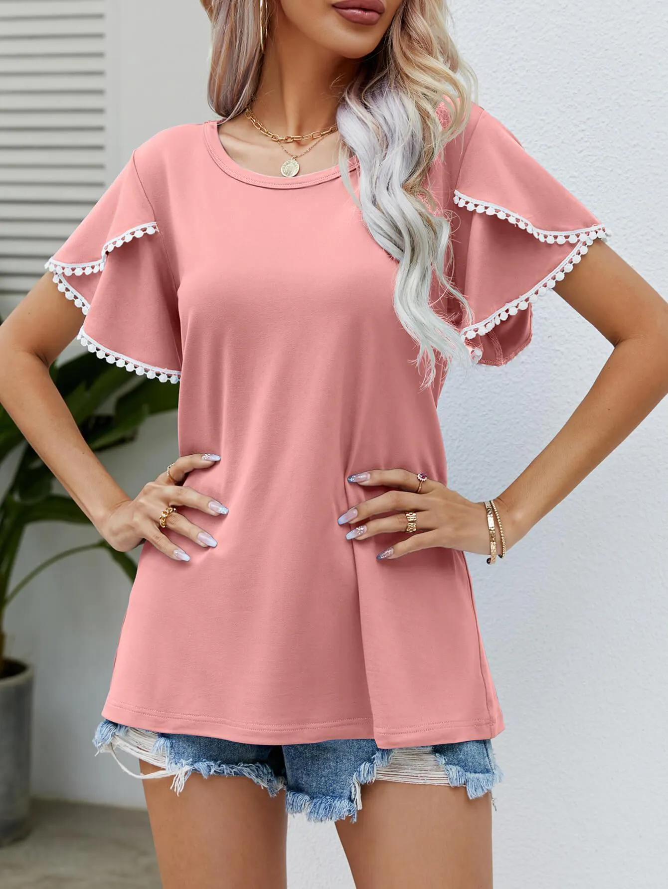 Effortless Crew Neck Petal Sleeve Blouse