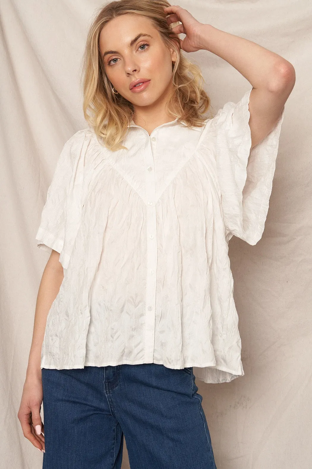 Effortless Crinkle White Button Down Top