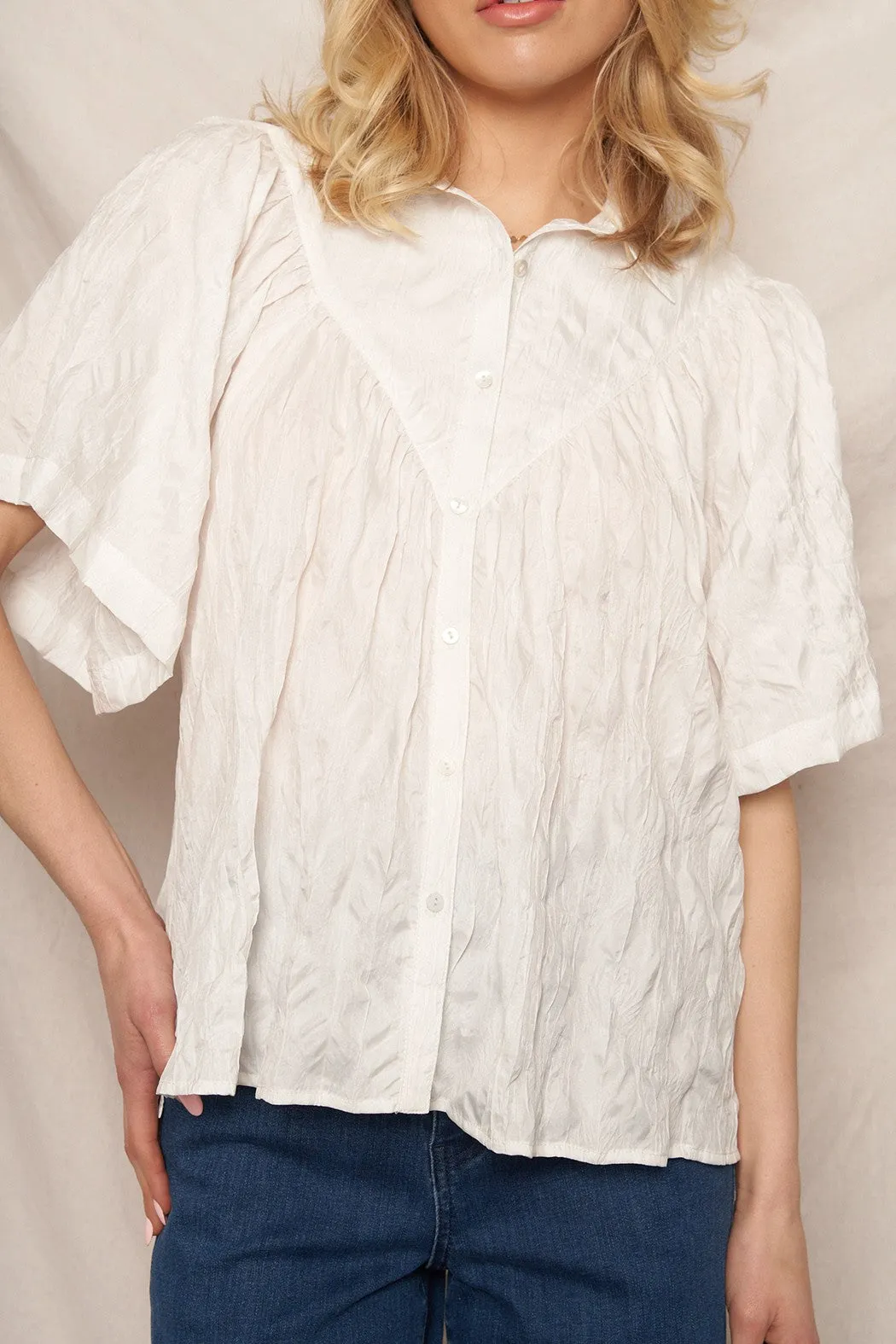 Effortless Crinkle White Button Down Top