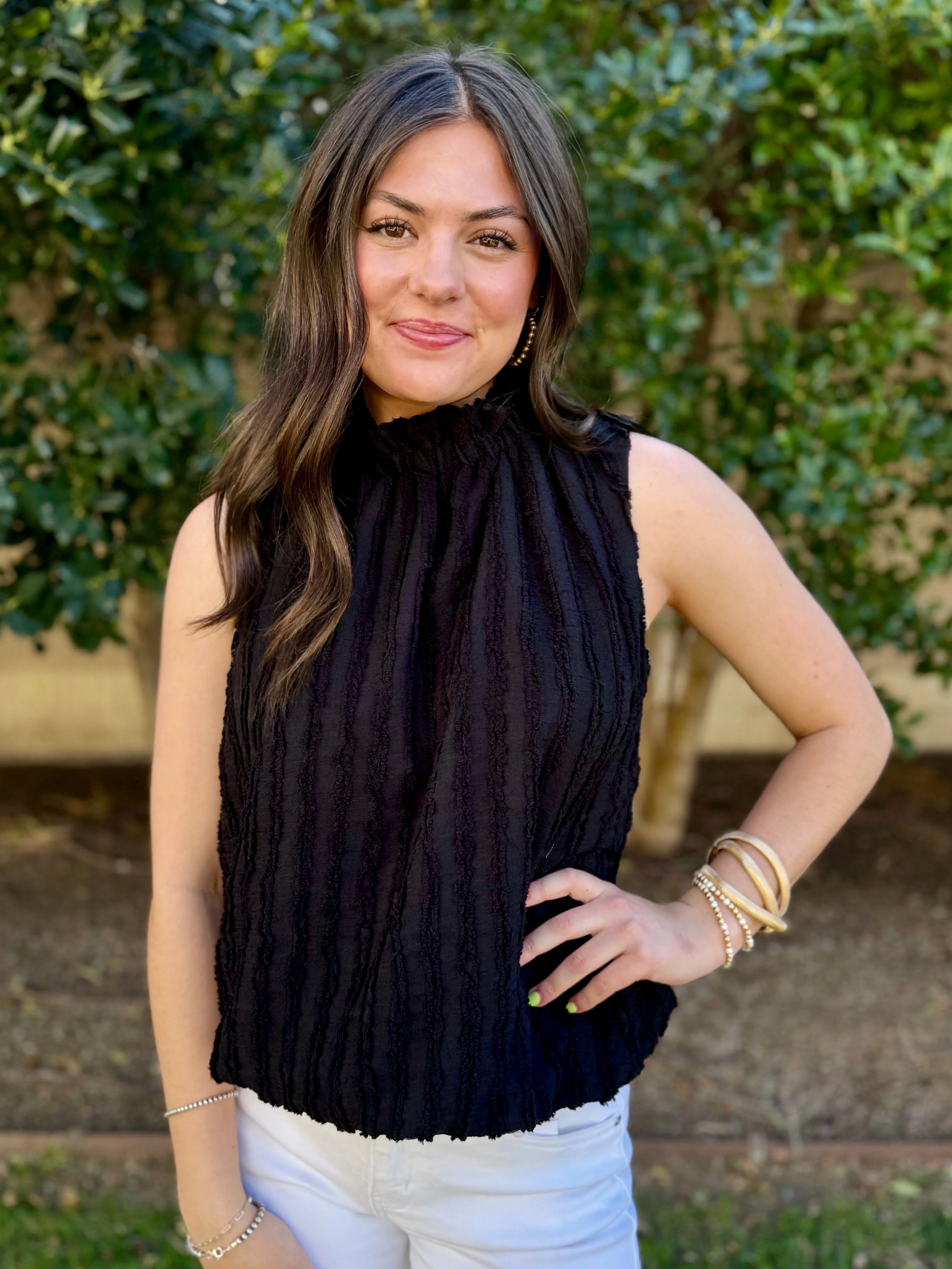 Effortless Style Black Textured Sleeveless Top by THML