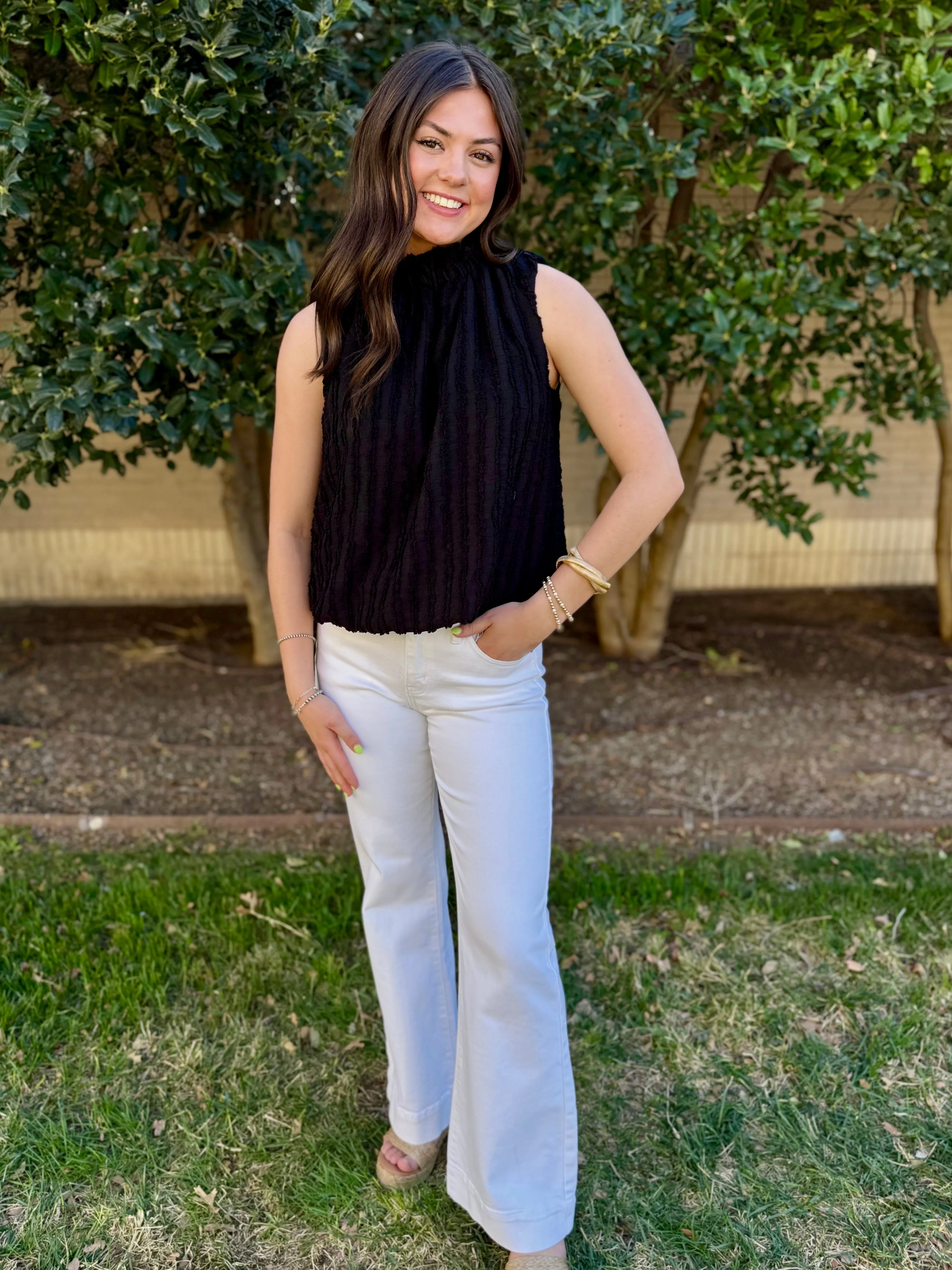 Effortless Style Black Textured Sleeveless Top by THML