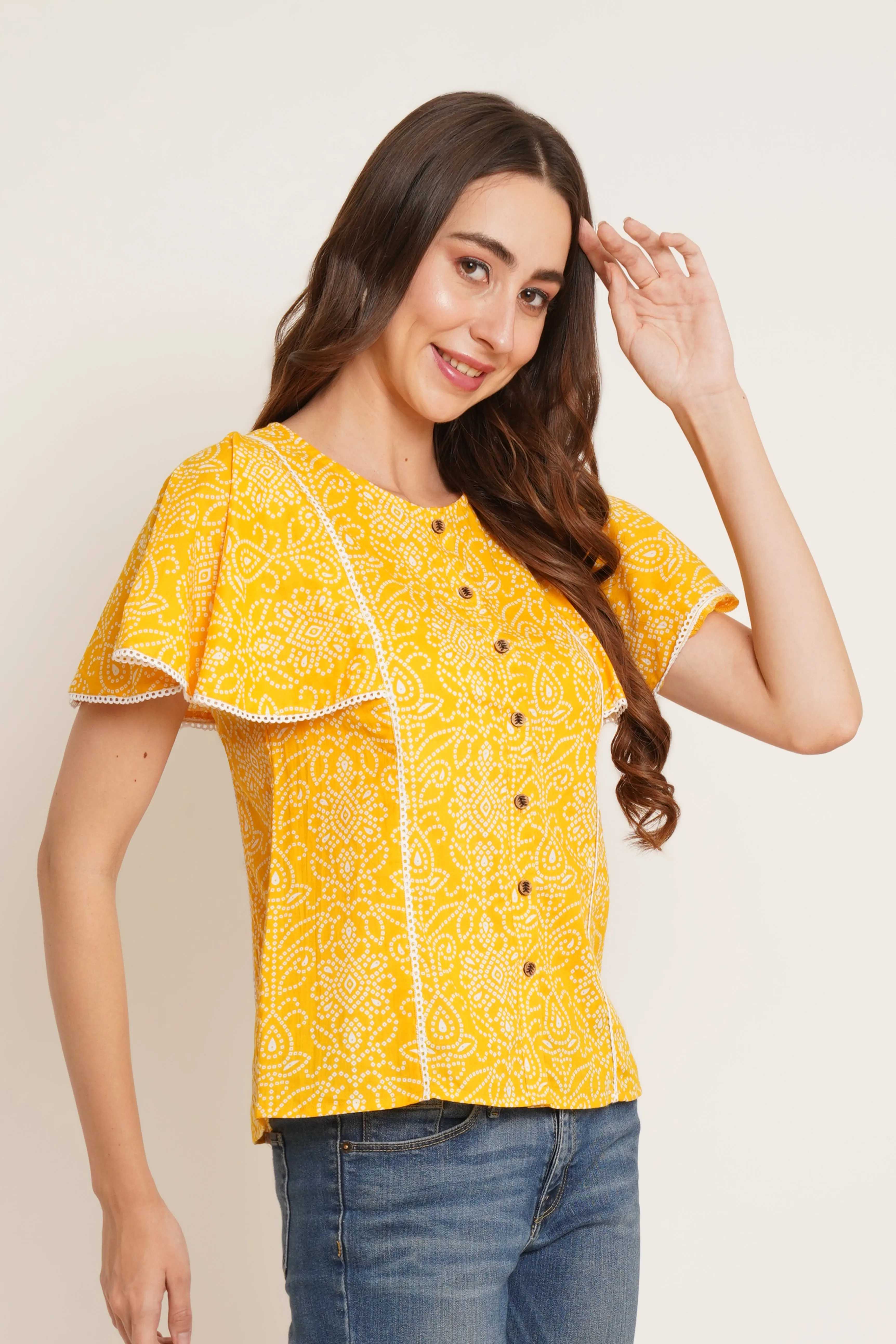 Elegant Jaipuri Flutter Sleeve Cotton Top For Women