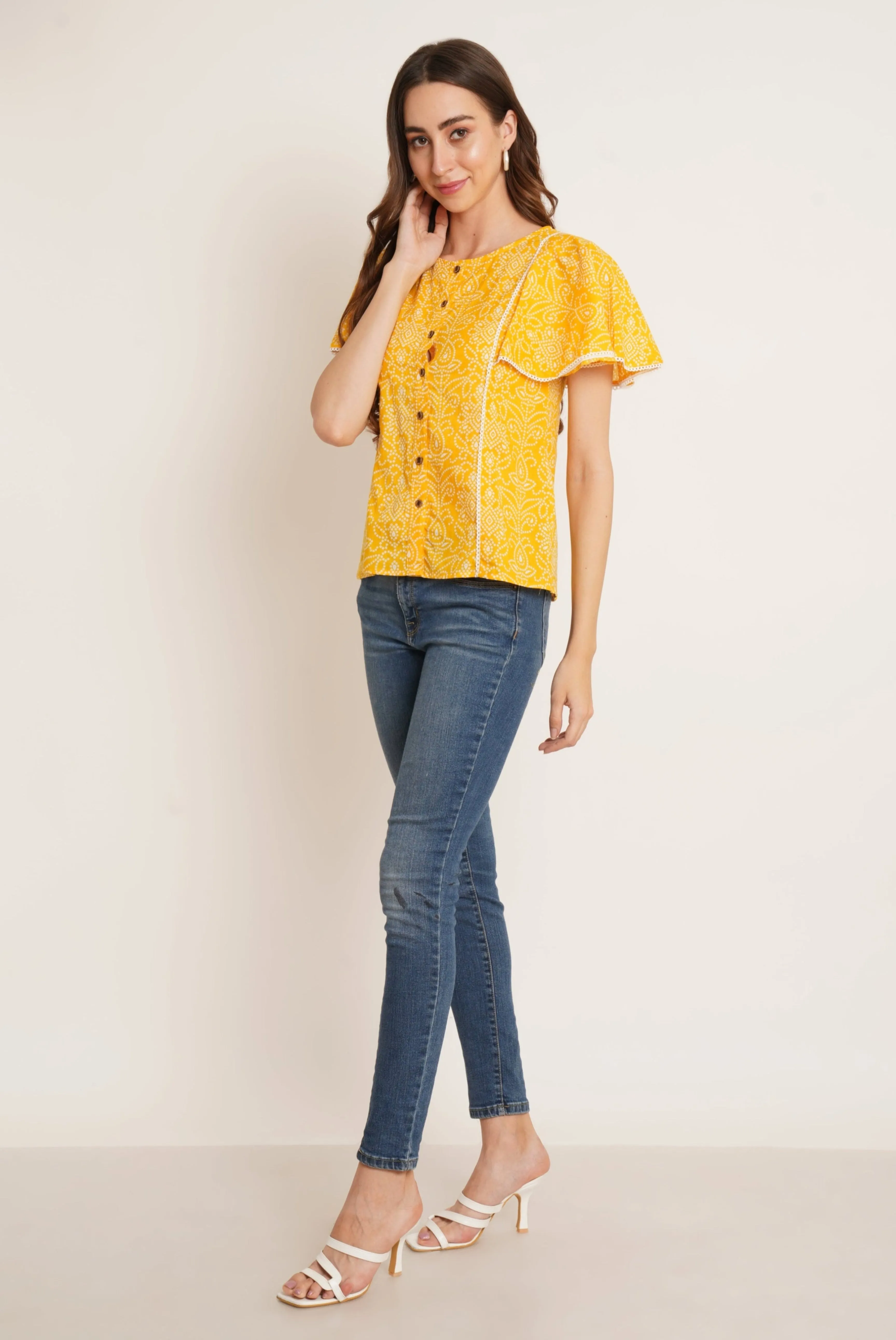 Elegant Jaipuri Flutter Sleeve Cotton Top For Women