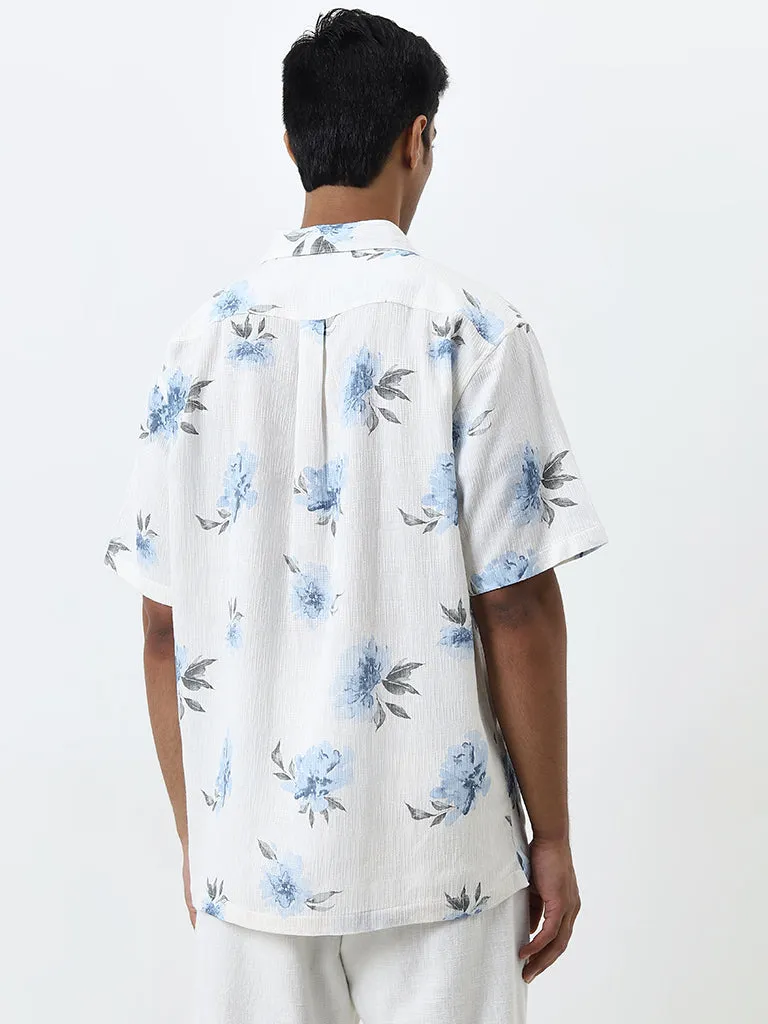 ETA White Floral Pattern Relaxed-Fit Cotton-Blend Shirt
